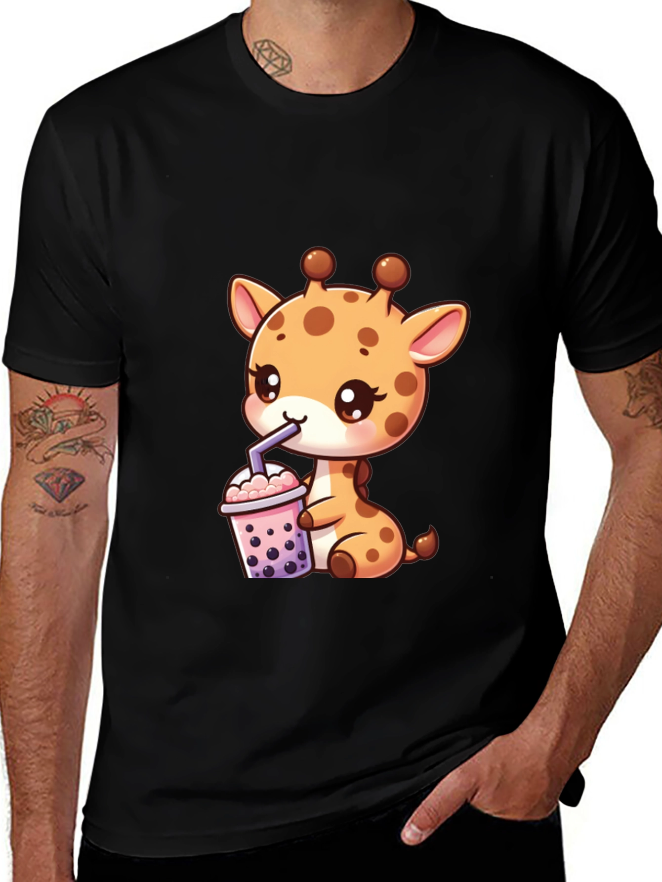 Variant 21 of Cute Giraffe Boba Tea Graphic Tee - Black