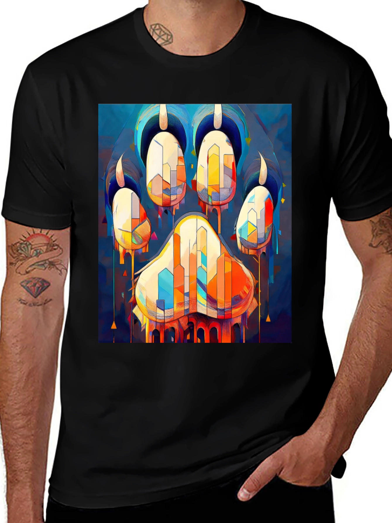 Abstract Paw Print Graphic Tee - Men's Black T-Shirt