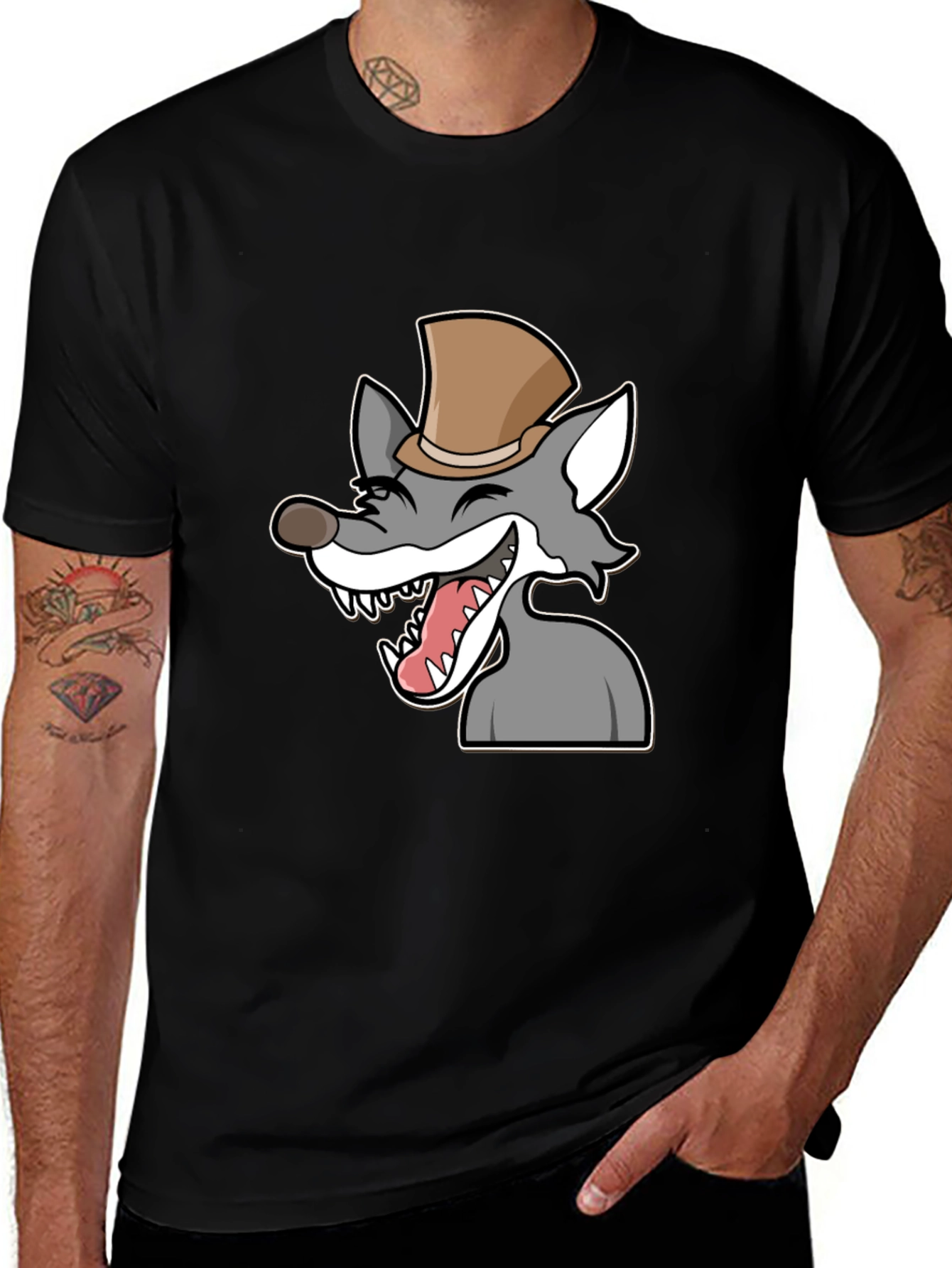 Variant 5 of Wolf in Top Hat Graphic T-Shirt - Black