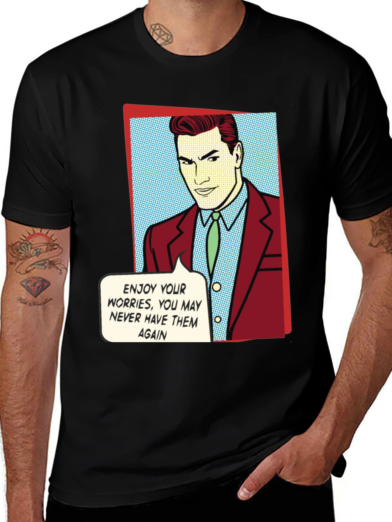 Humorous Pop Art Graphic Tee - Enjoy Your Worries!