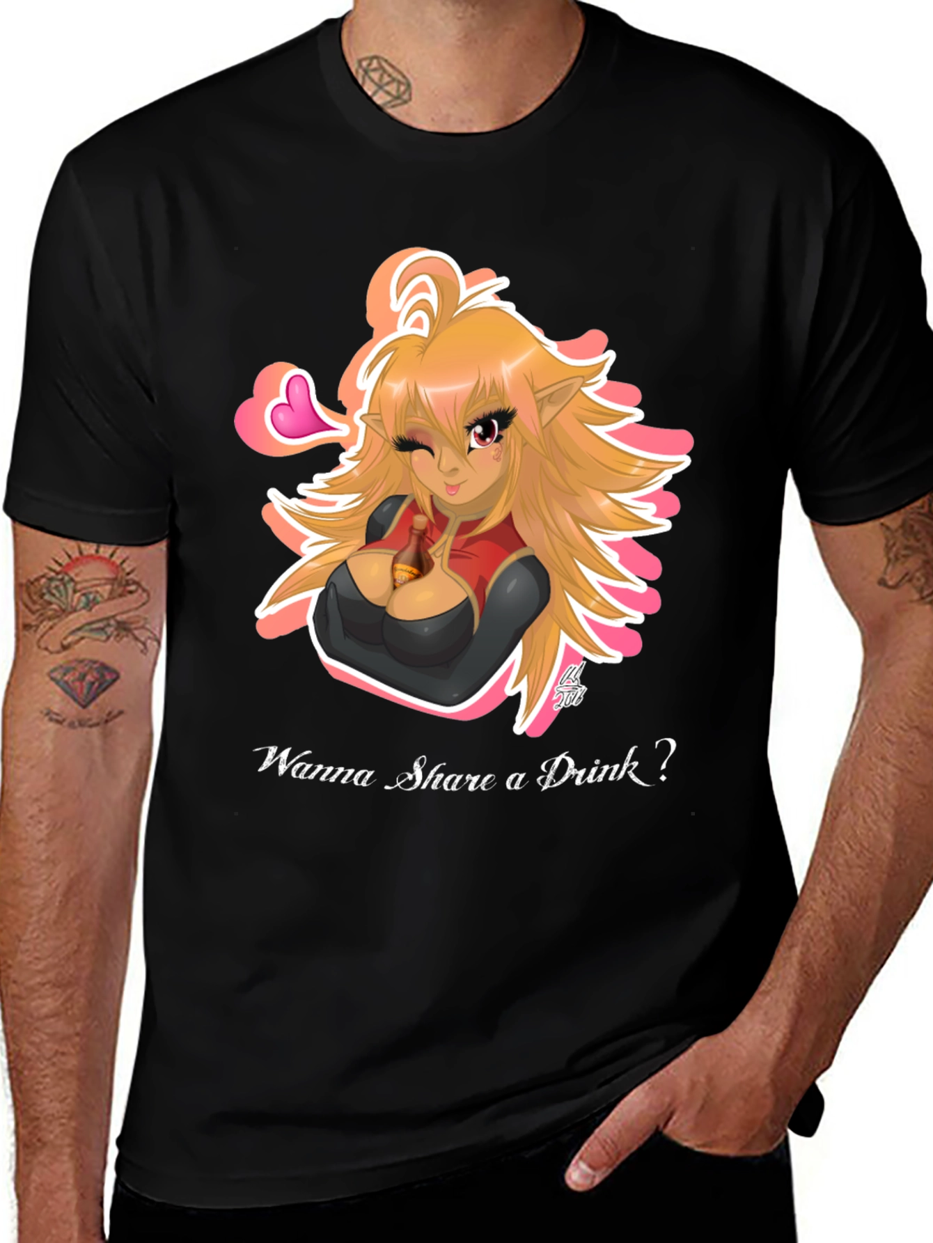 Variant 19 of Anime Girl "Wanna Share a Drink?" Black T-Shirt