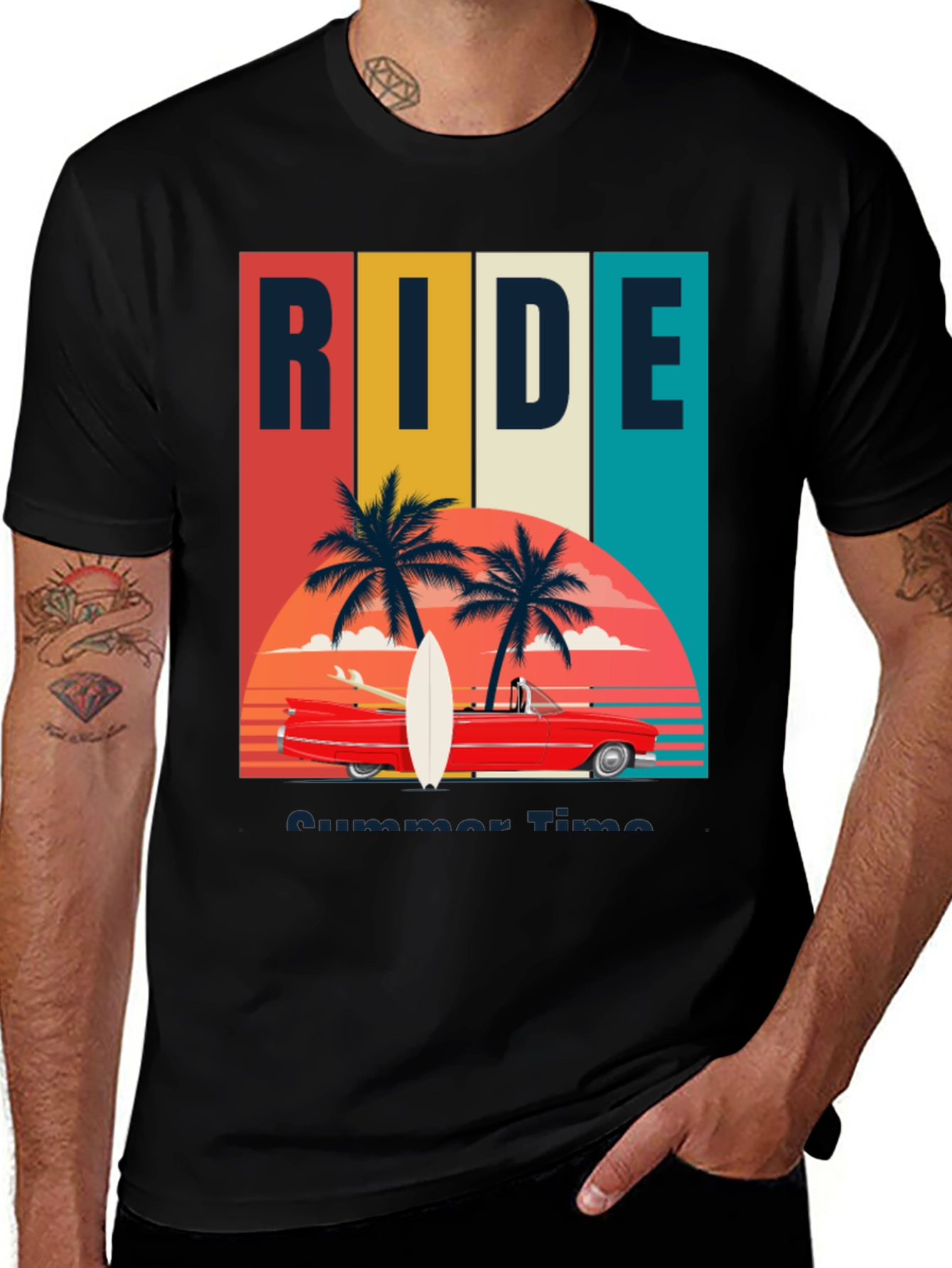 Variant 30 of Retro Summer Ride T-Shirt: Palm Trees & Classic Car