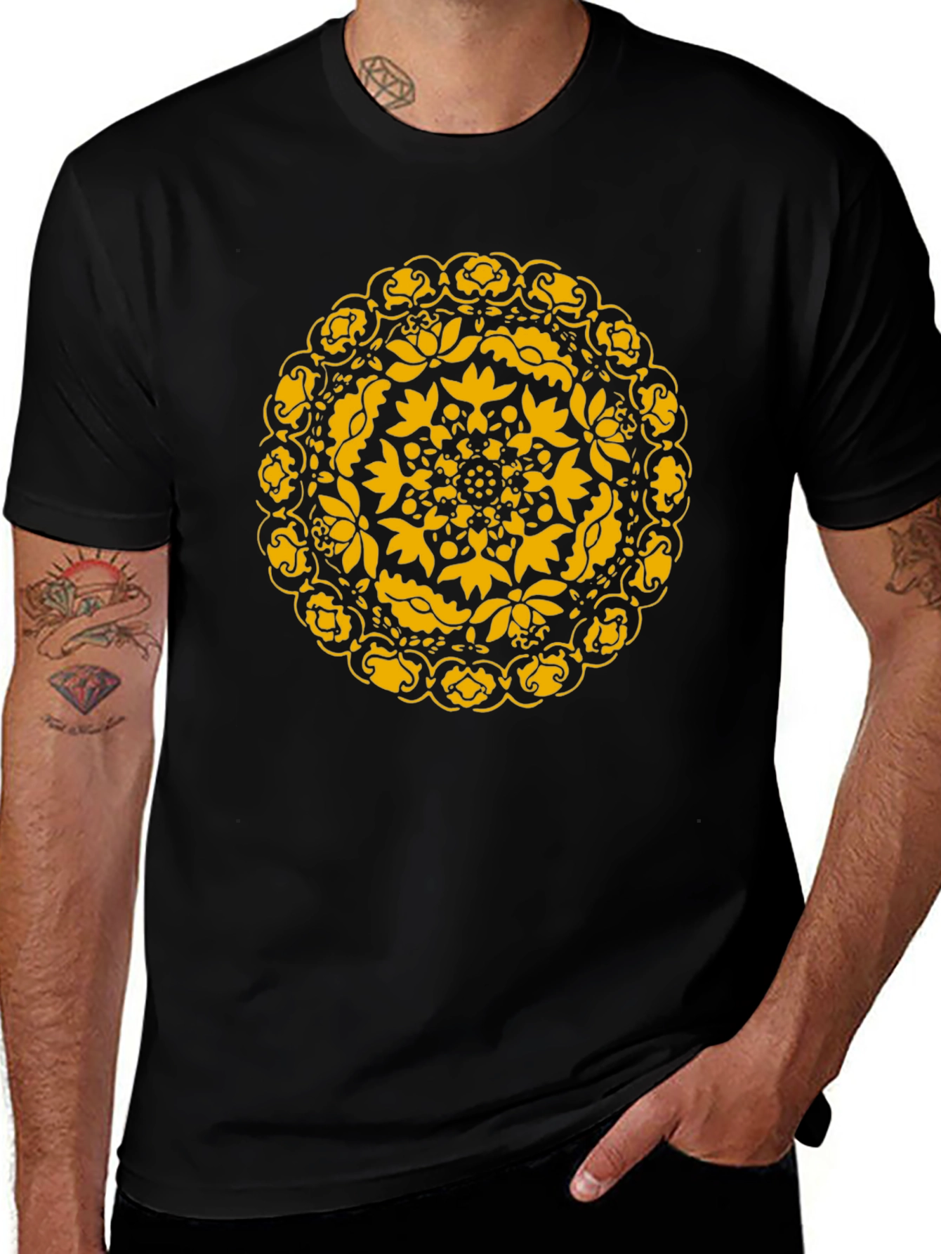 Variant 28 of Black T-Shirt with Golden Floral Mandala Design