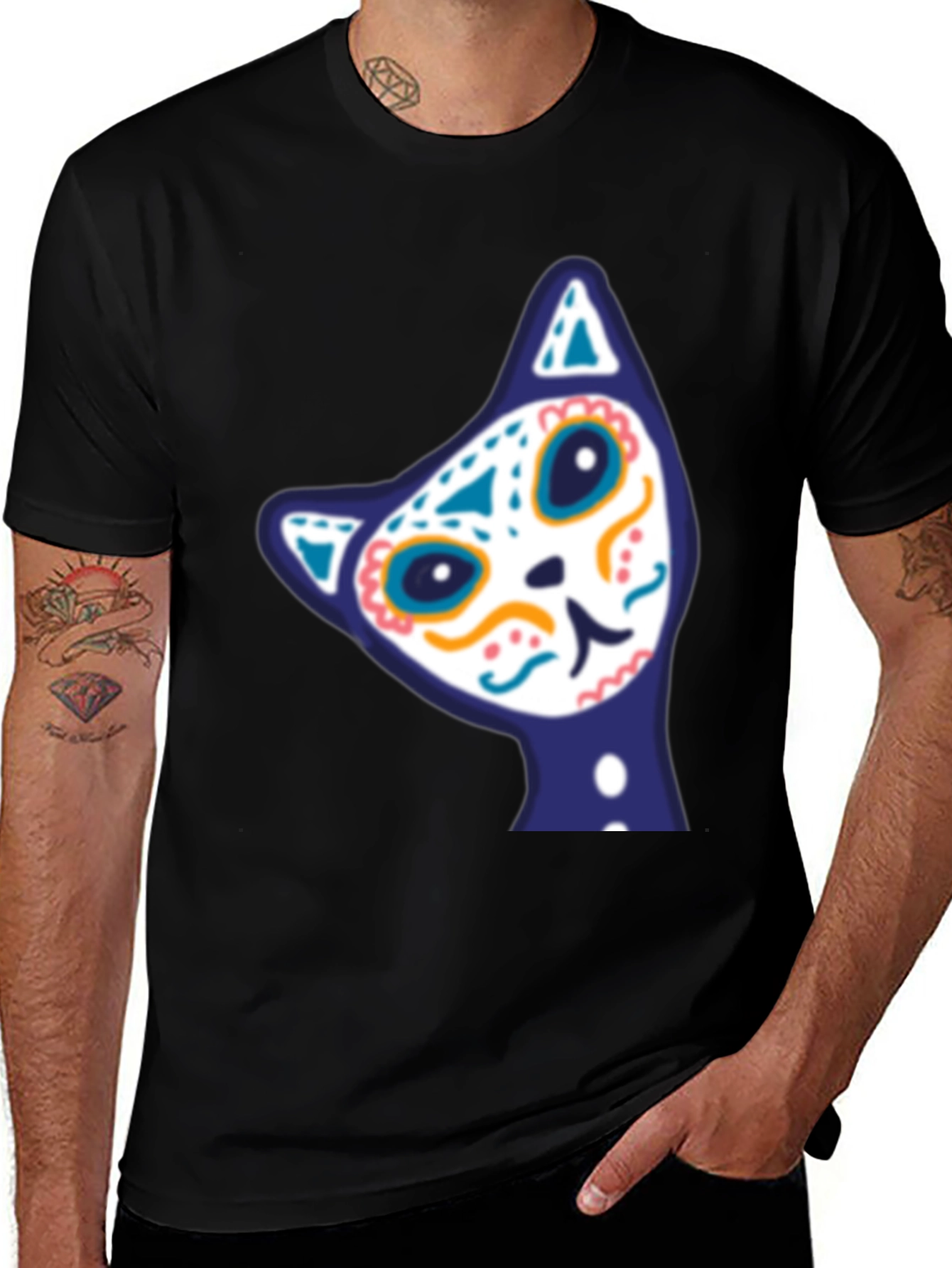 Variant 24 of Sugar Skull Cat Graphic Tee - Men's Black T-Shirt