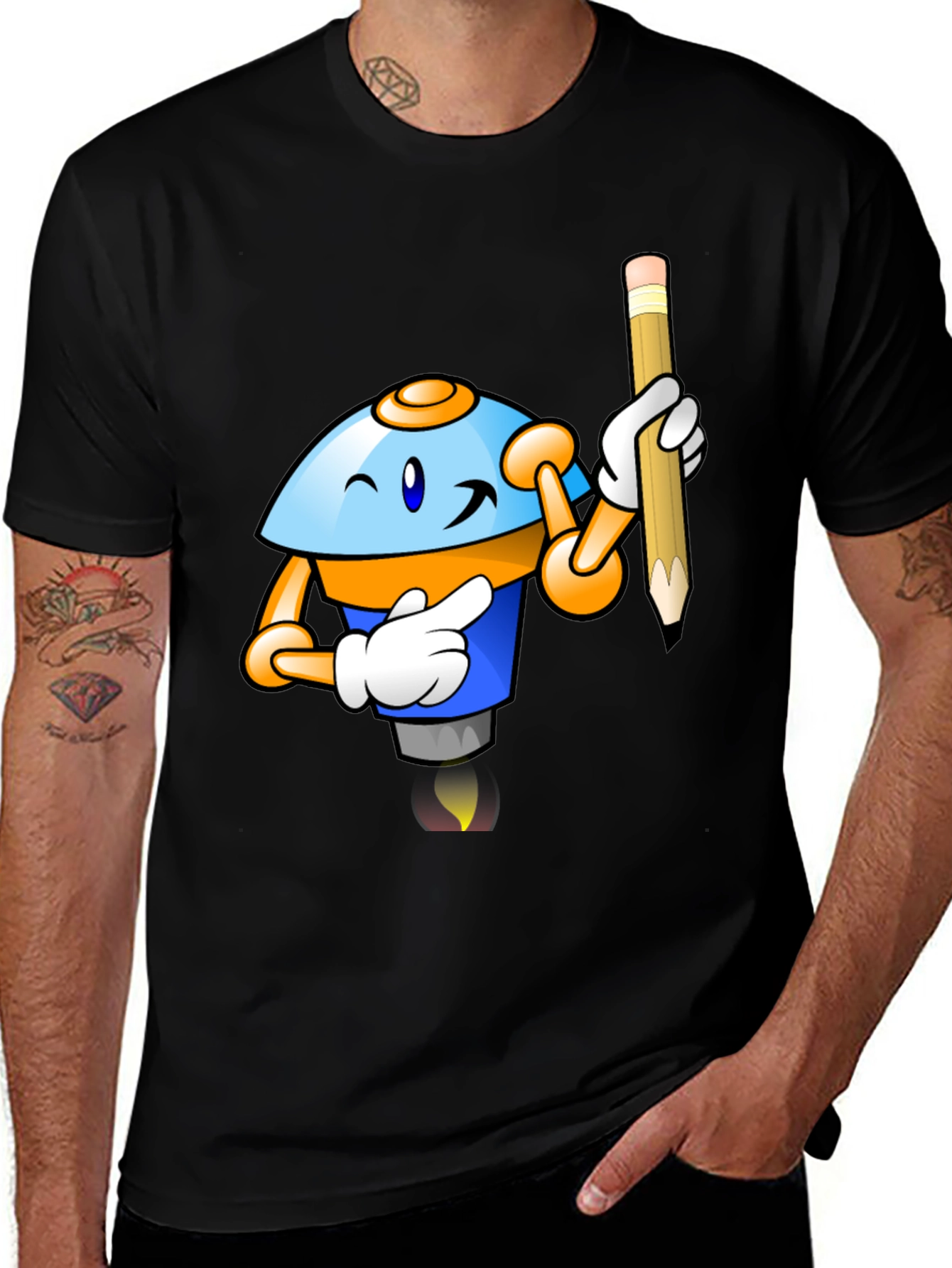 Variant 10 of Cartoon Robot with Pencil Black T-Shirt