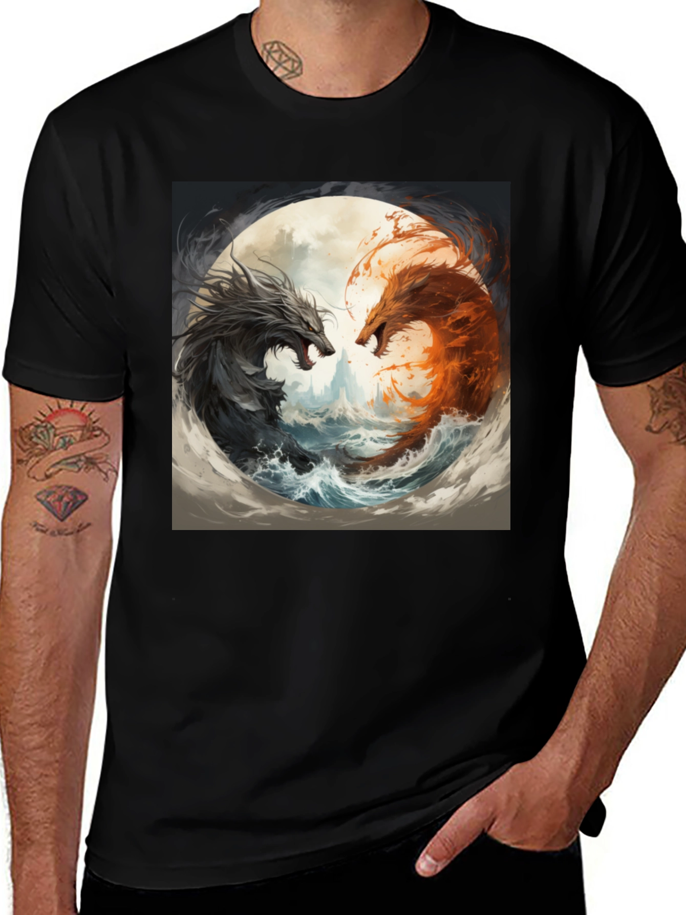 Variant 29 of Yin Yang Dragons Graphic Tee - Black