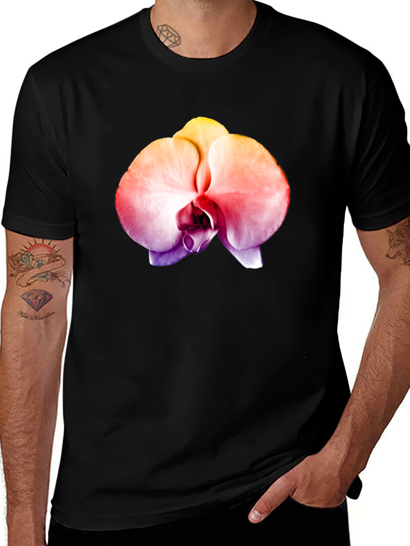 Variant 25 of Orchid Flower Graphic Tee - Stylish Black T-Shirt
