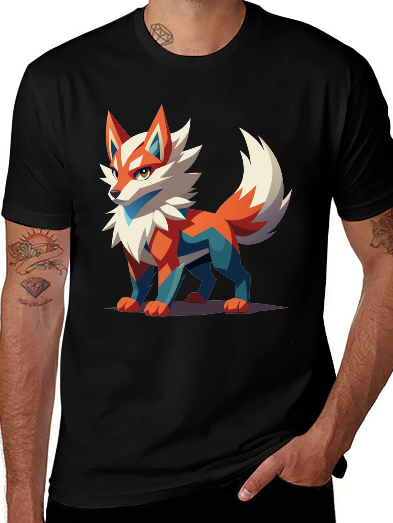 Black Men's Black T-Shirt with Geometric Fox Graphic main image