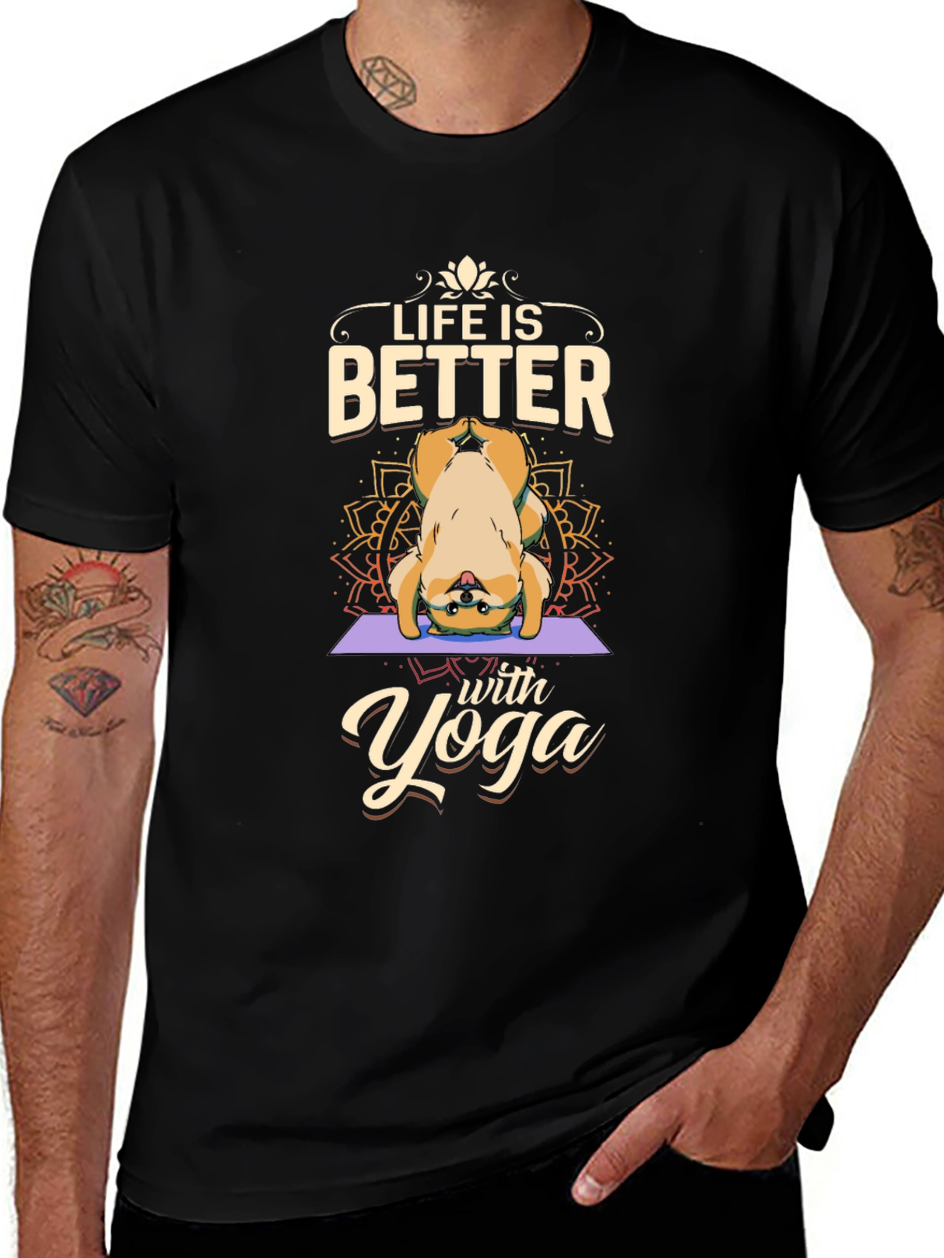 Black Yoga Dog Graphic T-Shirt - Life is Better main image