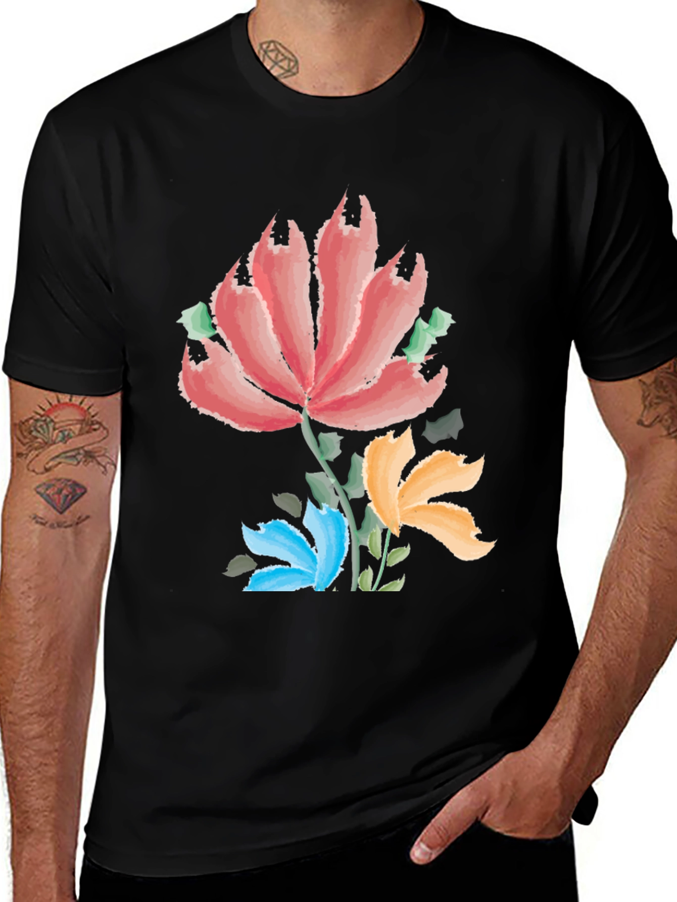 Variant 12 of Floral Watercolor Graphic Tee - Men's Black T-Shirt