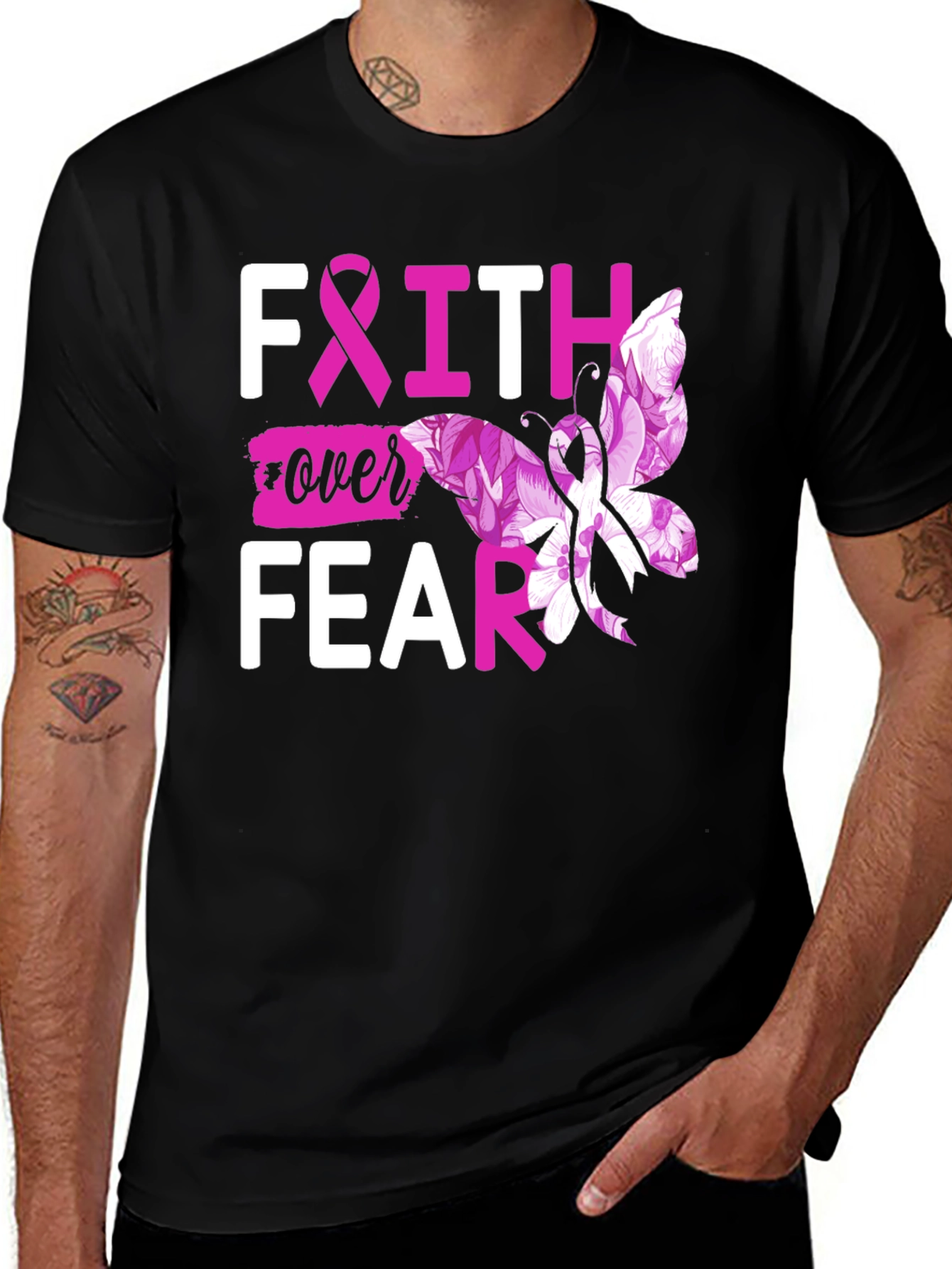 Variant 23 of Faith Over Fear Breast Cancer Butterfly T-Shirt