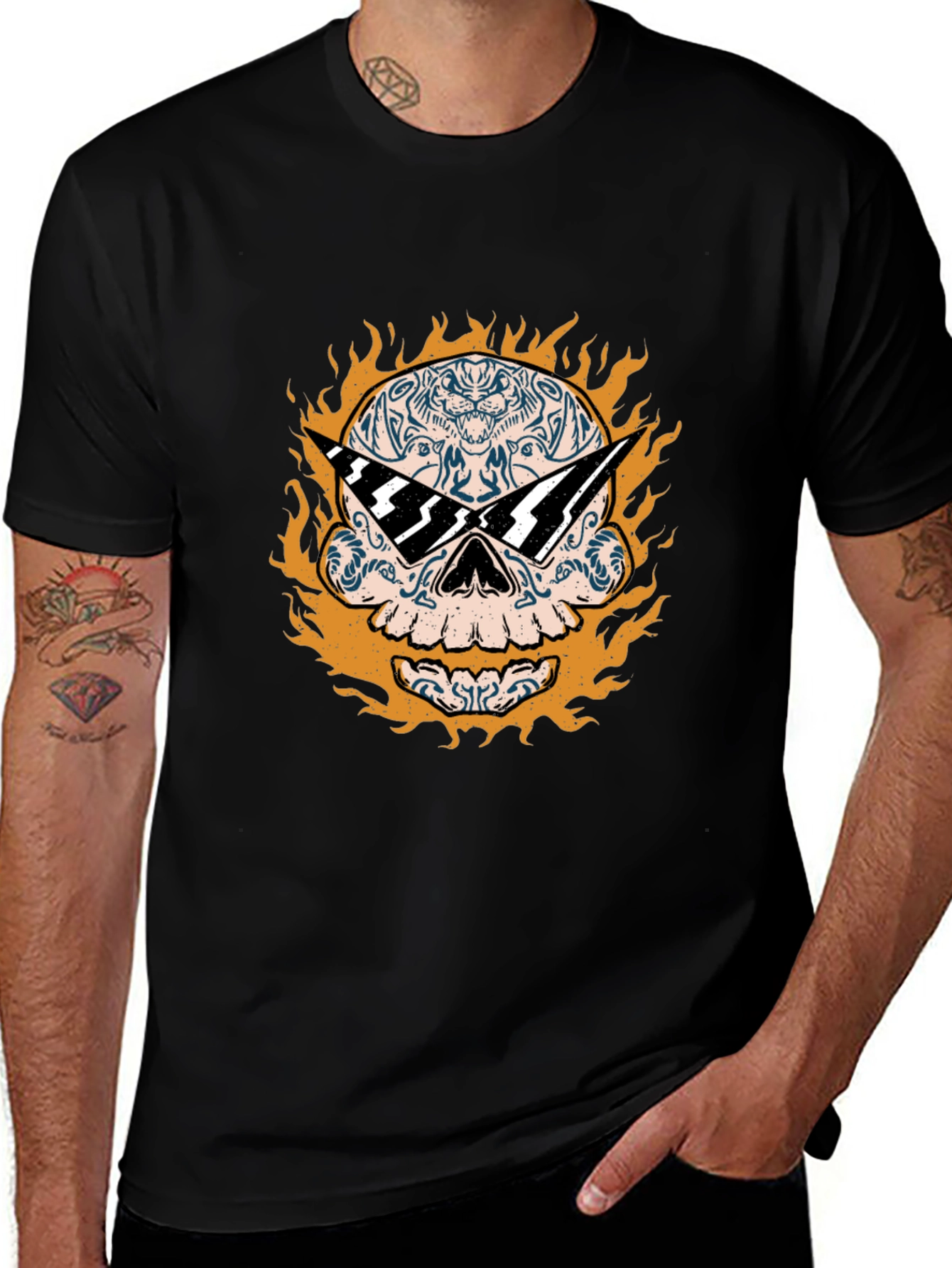 Variant 24 of Skull & Flames Graphic Tee - Cool Black T-Shirt