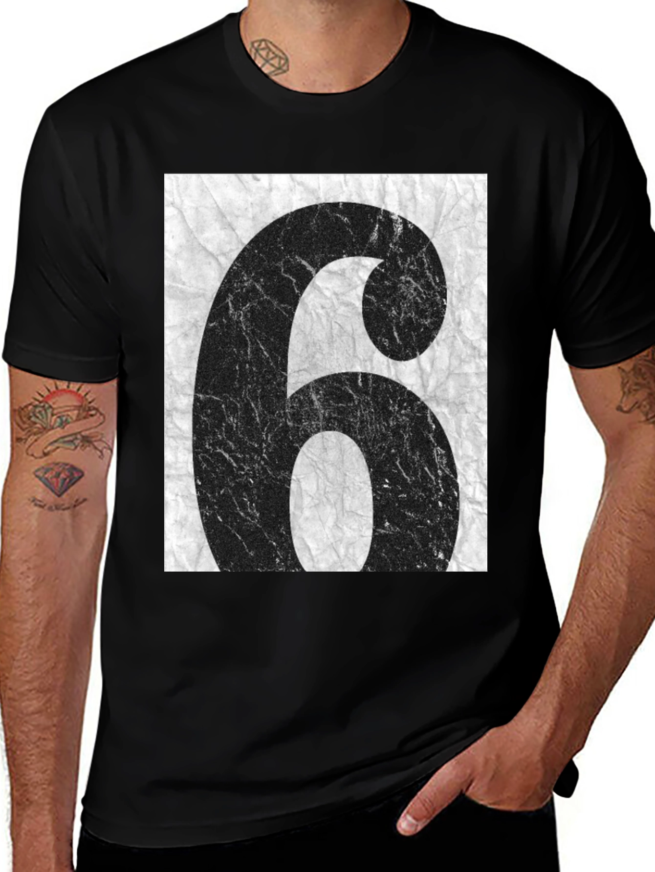Variant 28 of Distressed Number 6 Graphic Tee - Unisex Black T-Shirt