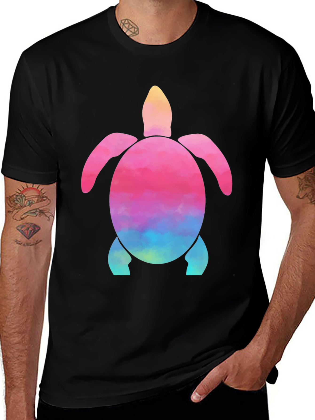 Variant 15 of Watercolor Turtle Graphic Tee - Black Cotton Shirt