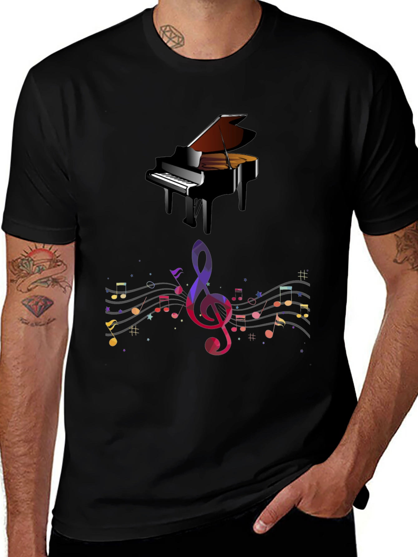 Piano & Music Notes Graphic Print Black T-Shirt