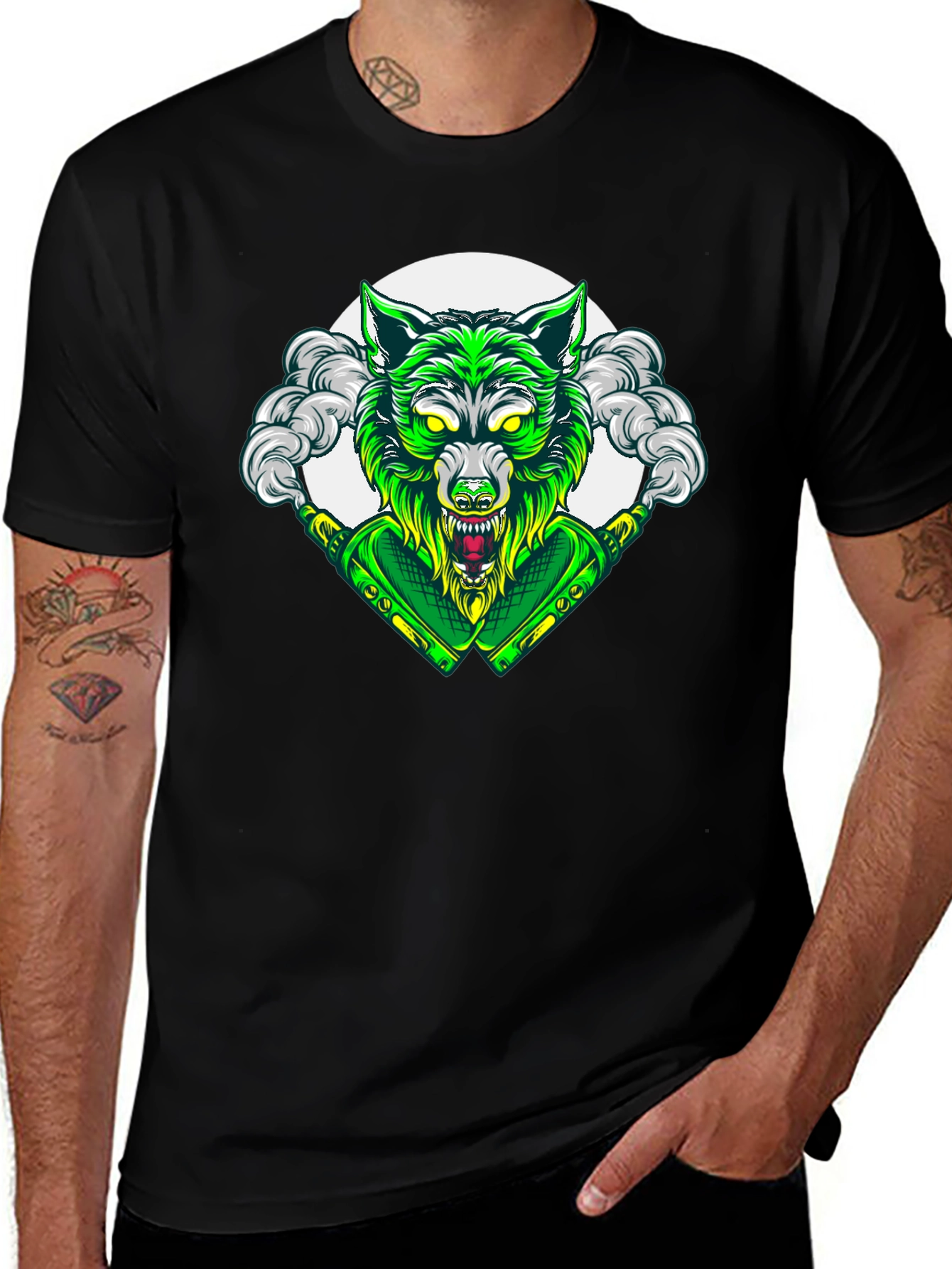 Variant 17 of Green Wolf Graphic Tee - Men's Black T-Shirt
