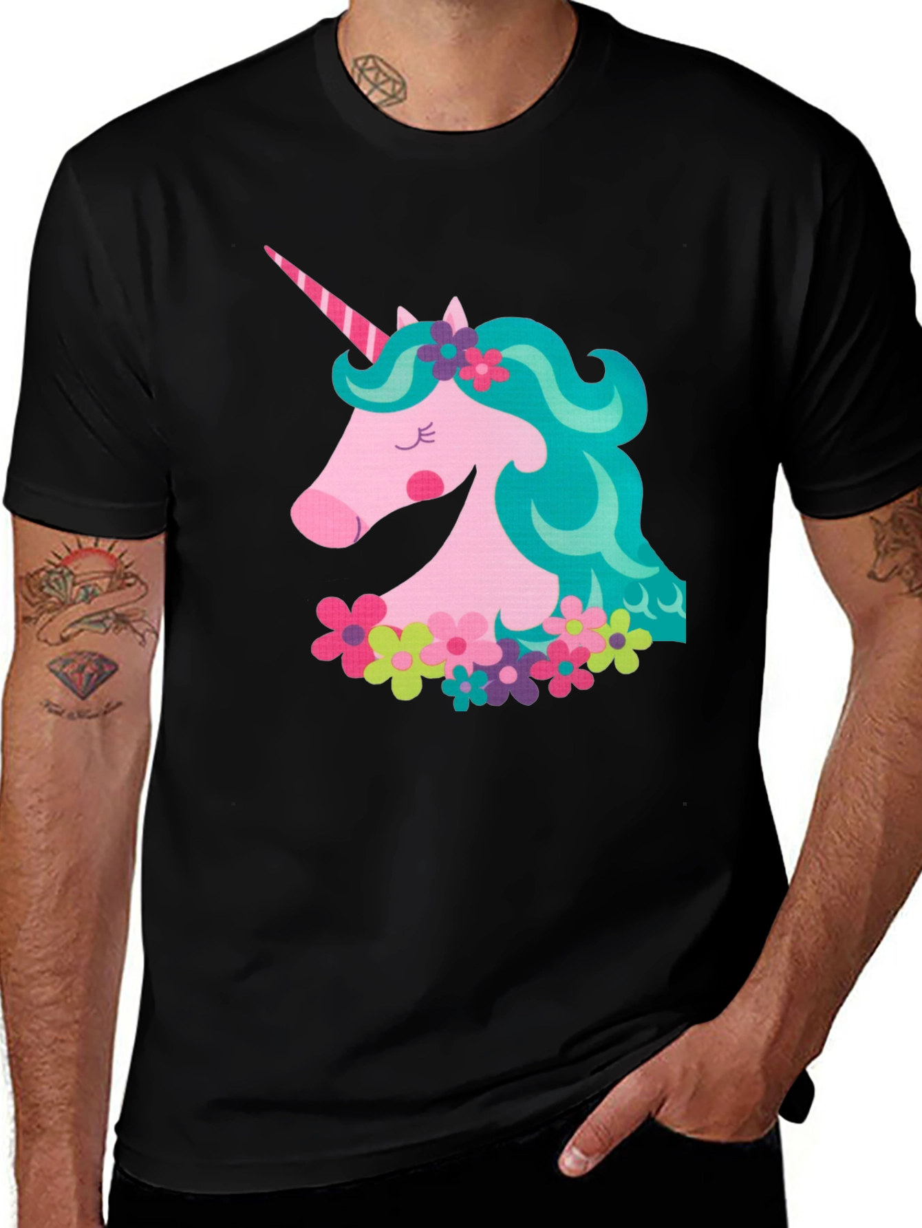 Variant 2 of Unicorn Floral T-Shirt - Black Cotton Tee