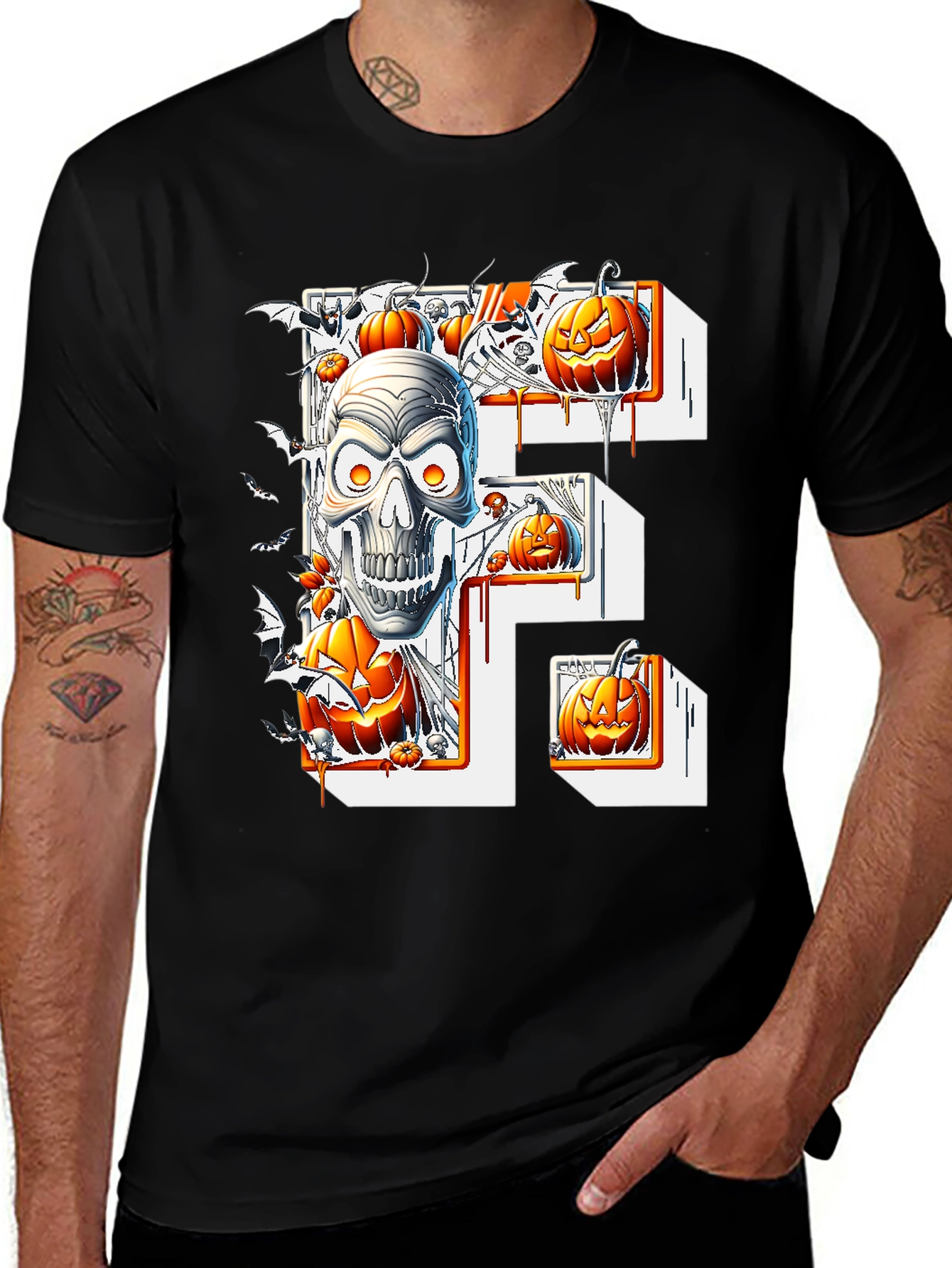 Halloween Skull & Pumpkins Black Tee