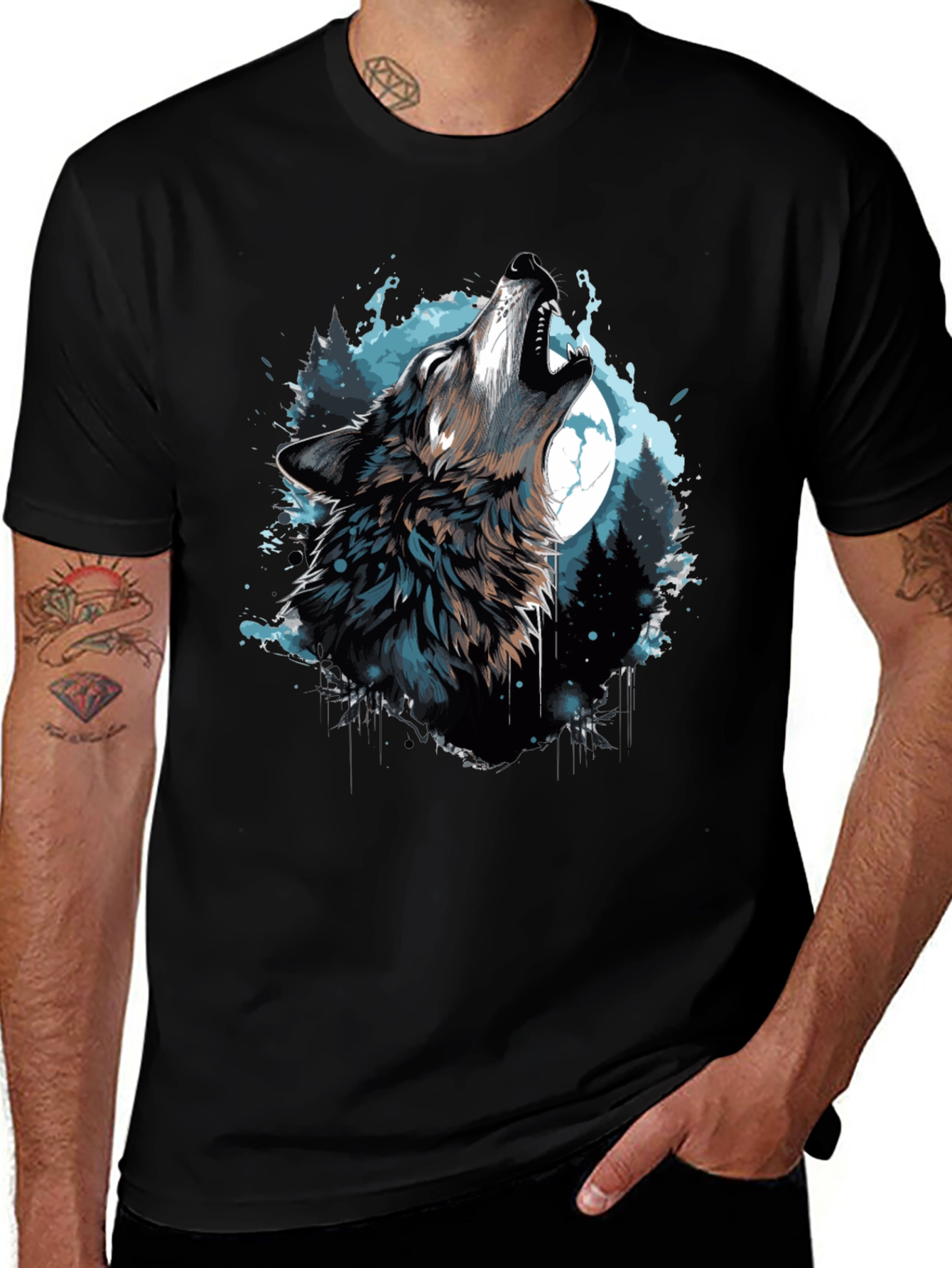Variant 23 of Wolf Howling at Moon Graphic Black T-Shirt