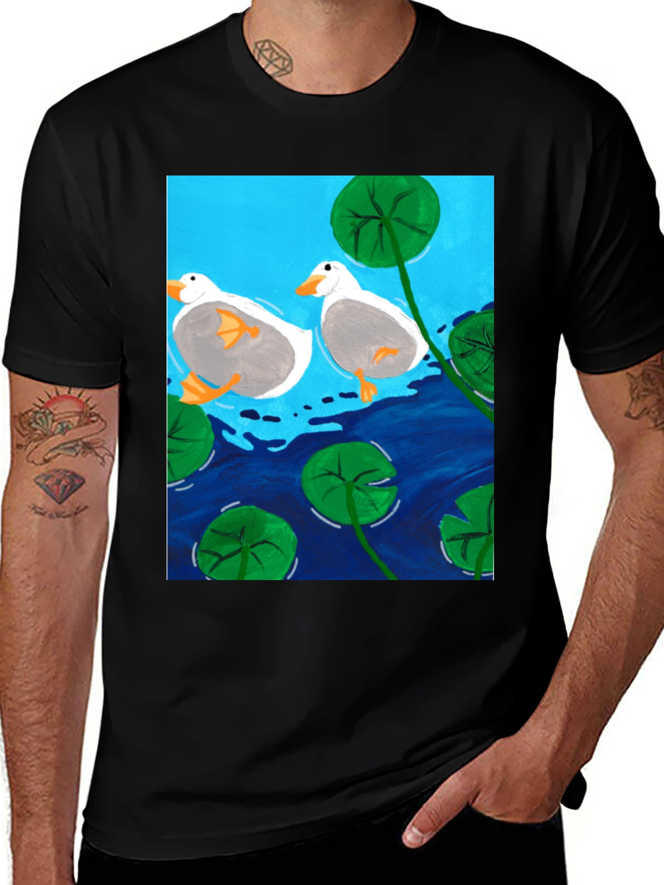 Variant 19 of Ducks in Pond Graphic Tee - Black Cotton T-Shirt