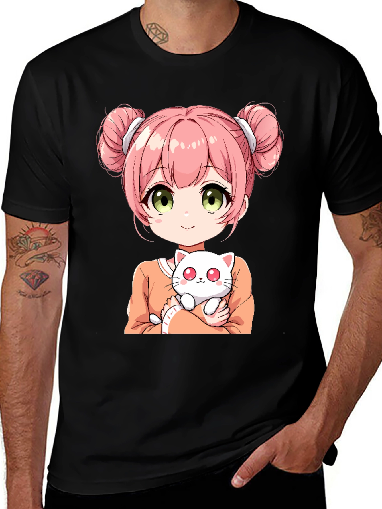 Variant 23 of Anime Girl & Cat Black T-Shirt