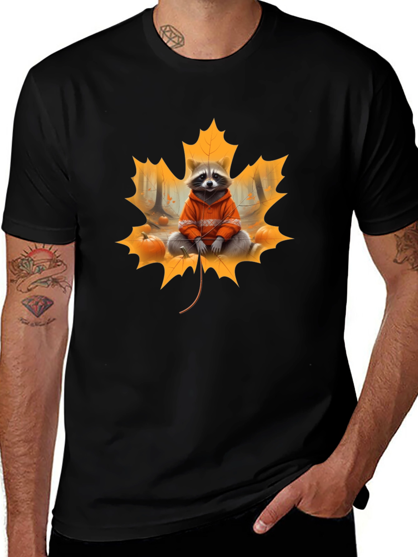 Raccoon Fall Leaf Black T-Shirt