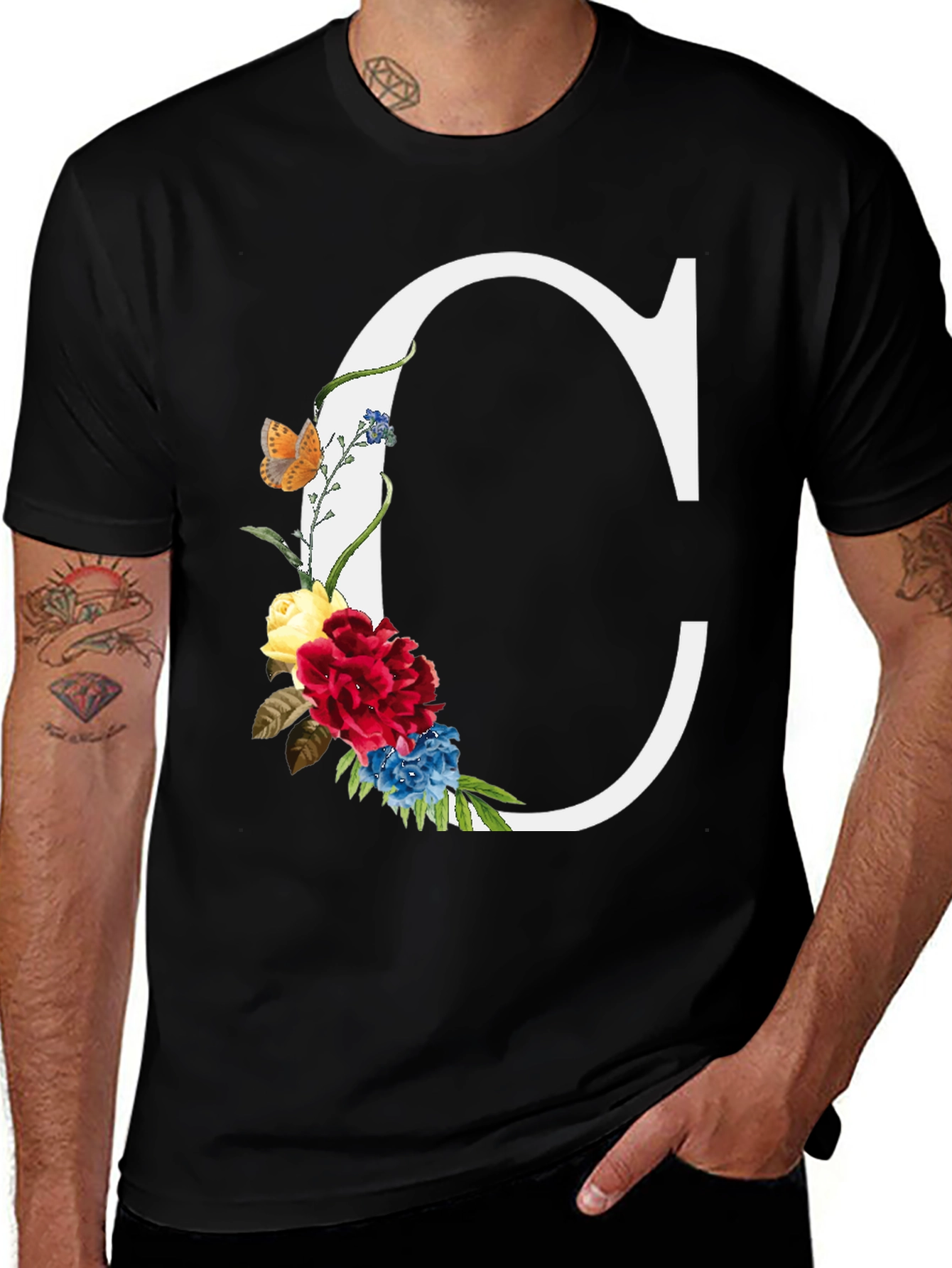 Floral Letter C Graphic Tee - Trendy Black T-Shirt