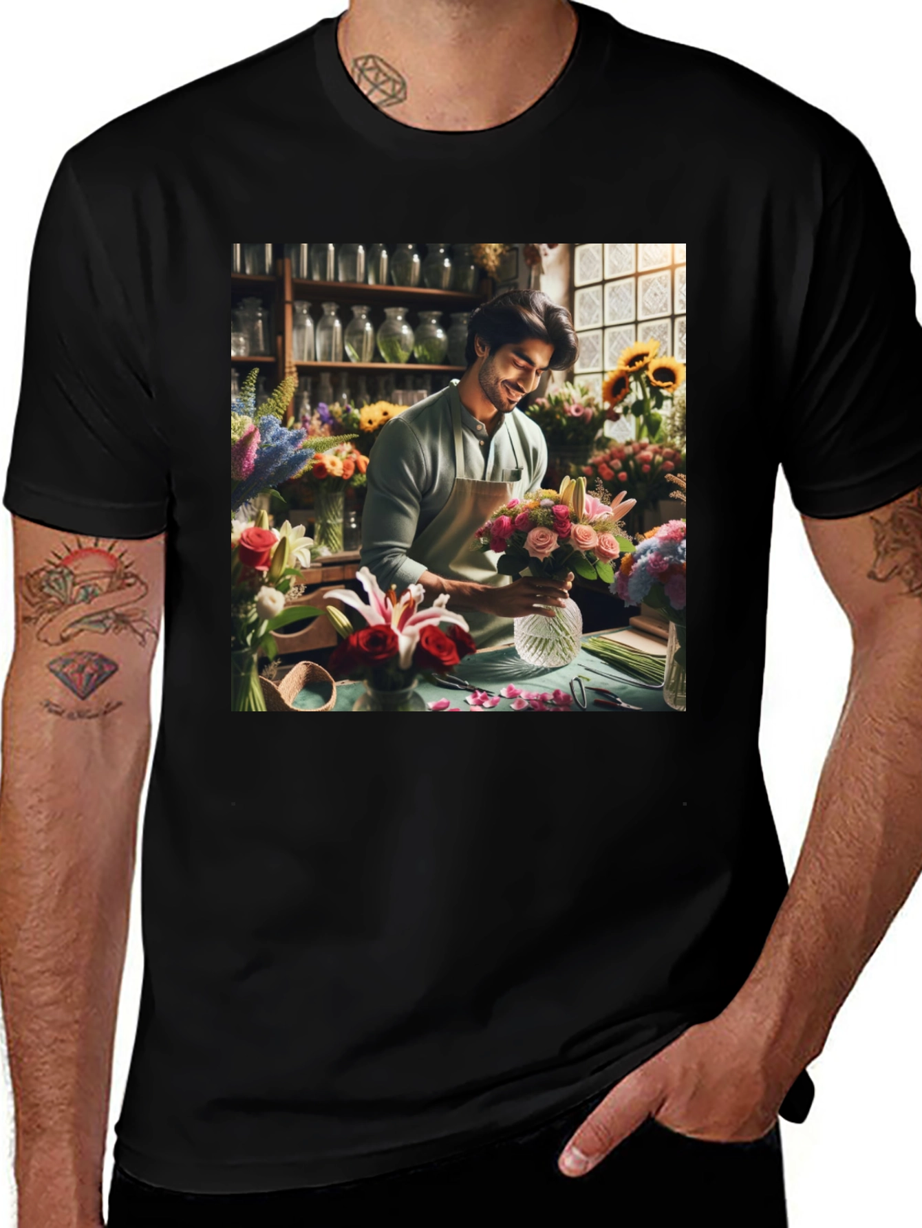 Floral T-Shirt: Man Arranging Flowers