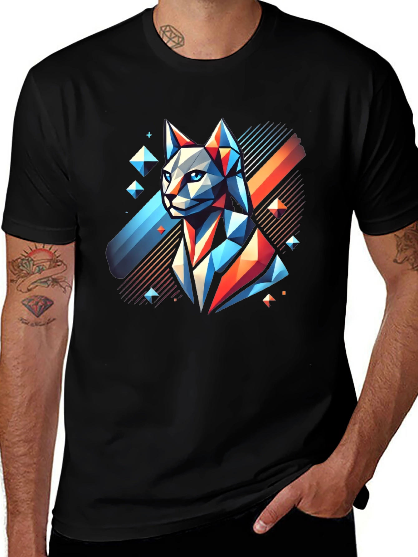 Variant 8 of Geometric Cat Graphic Tee - Modern Men's T-Shirt