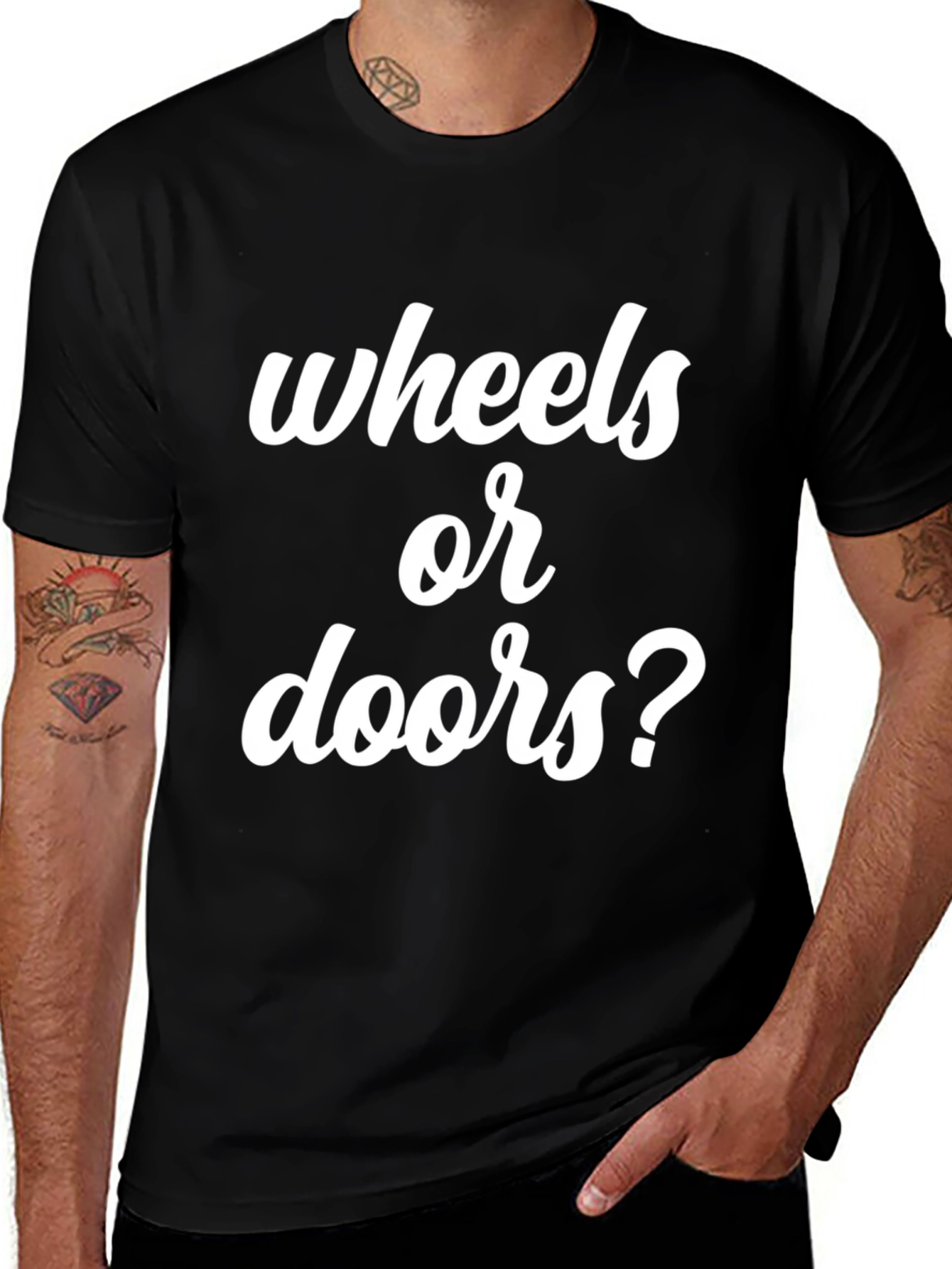 Variant 29 of Wheels or Doors? Graphic Tee - Black Cotton T-Shirt