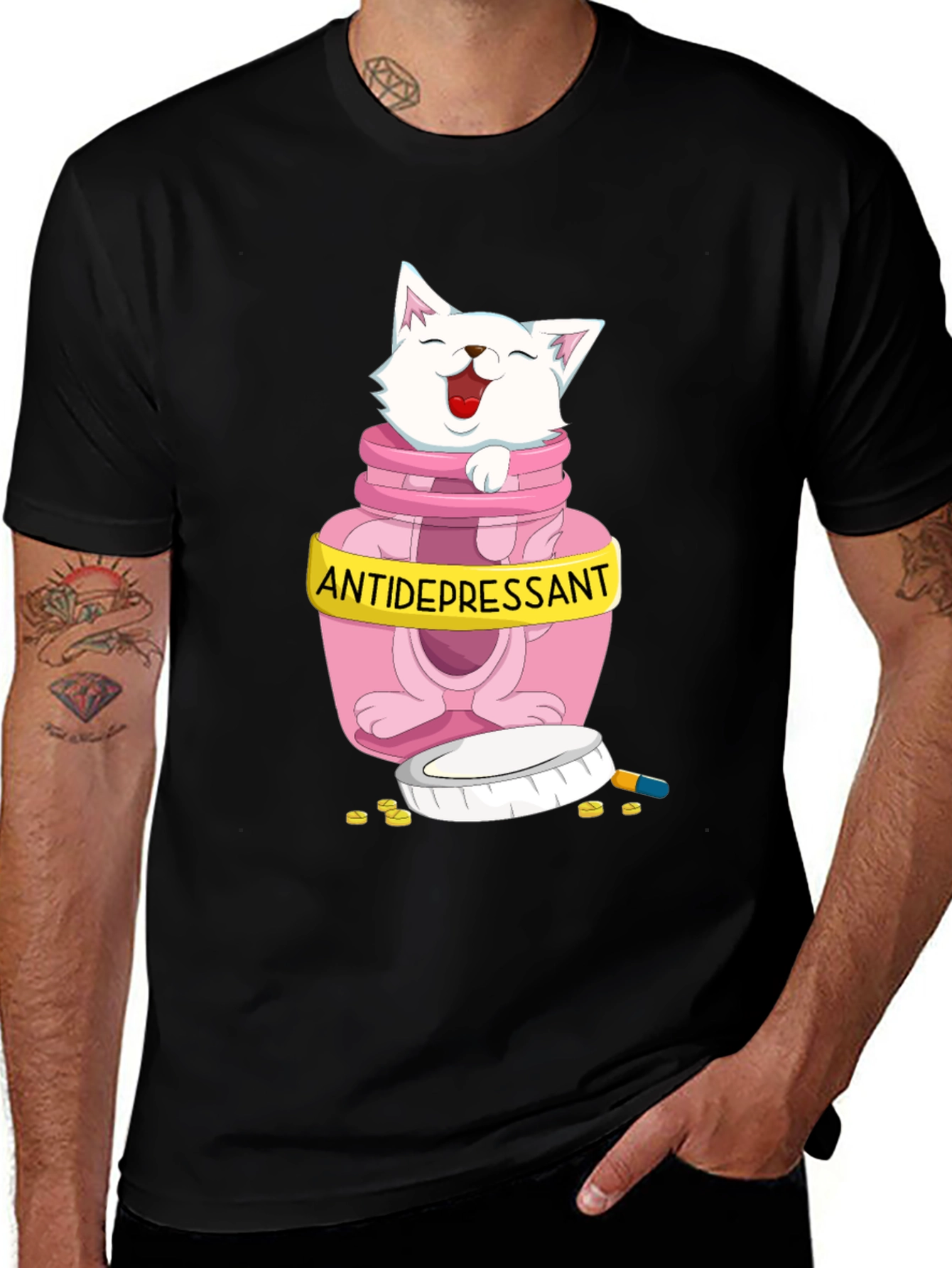 Variant 10 of Antidepressant Cat Graphic Tee - Black Cotton Comfort