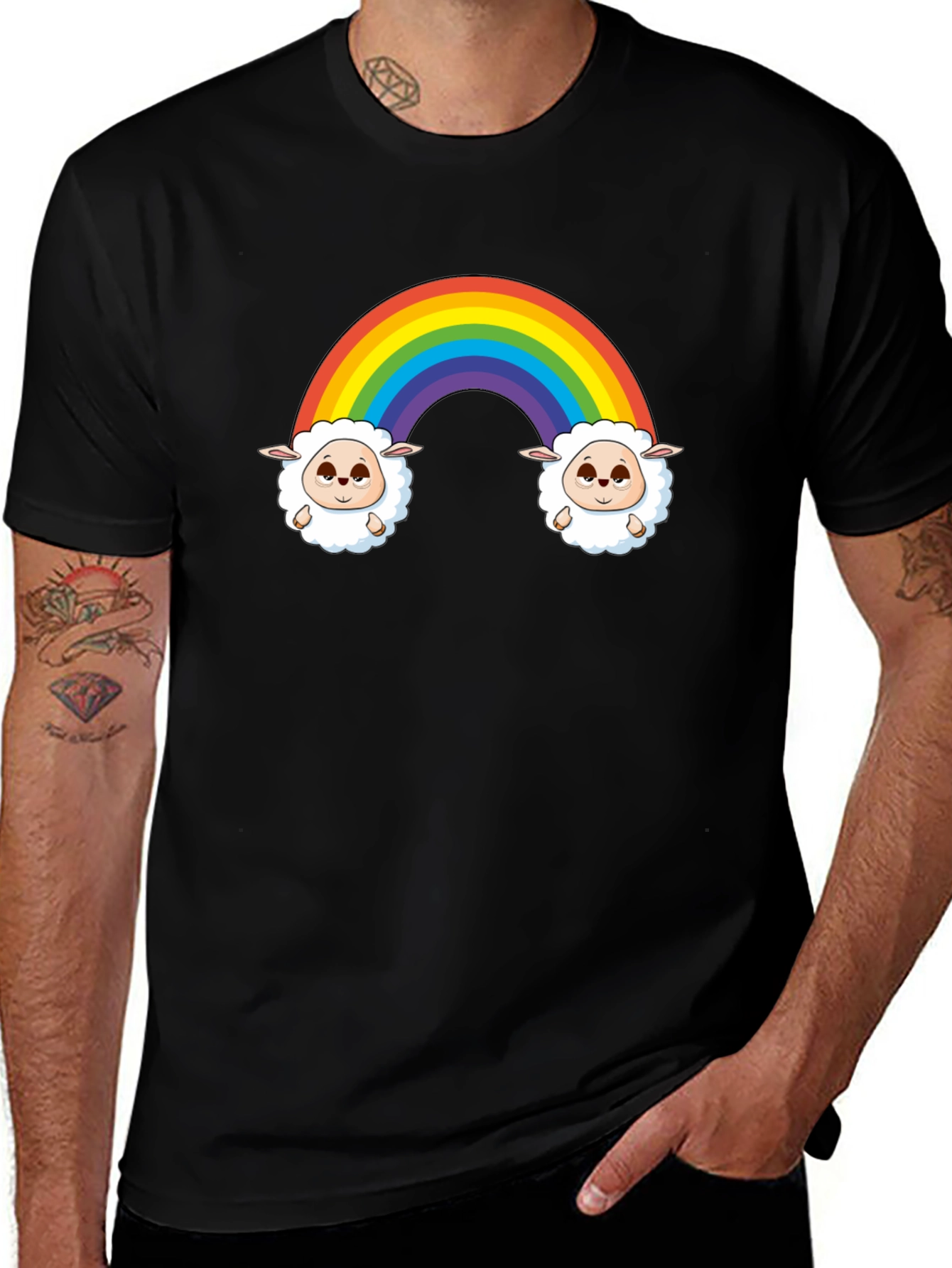 Variant 7 of Rainbow Sheep Graphic Tee - Cute Cartoon Black T-Shirt