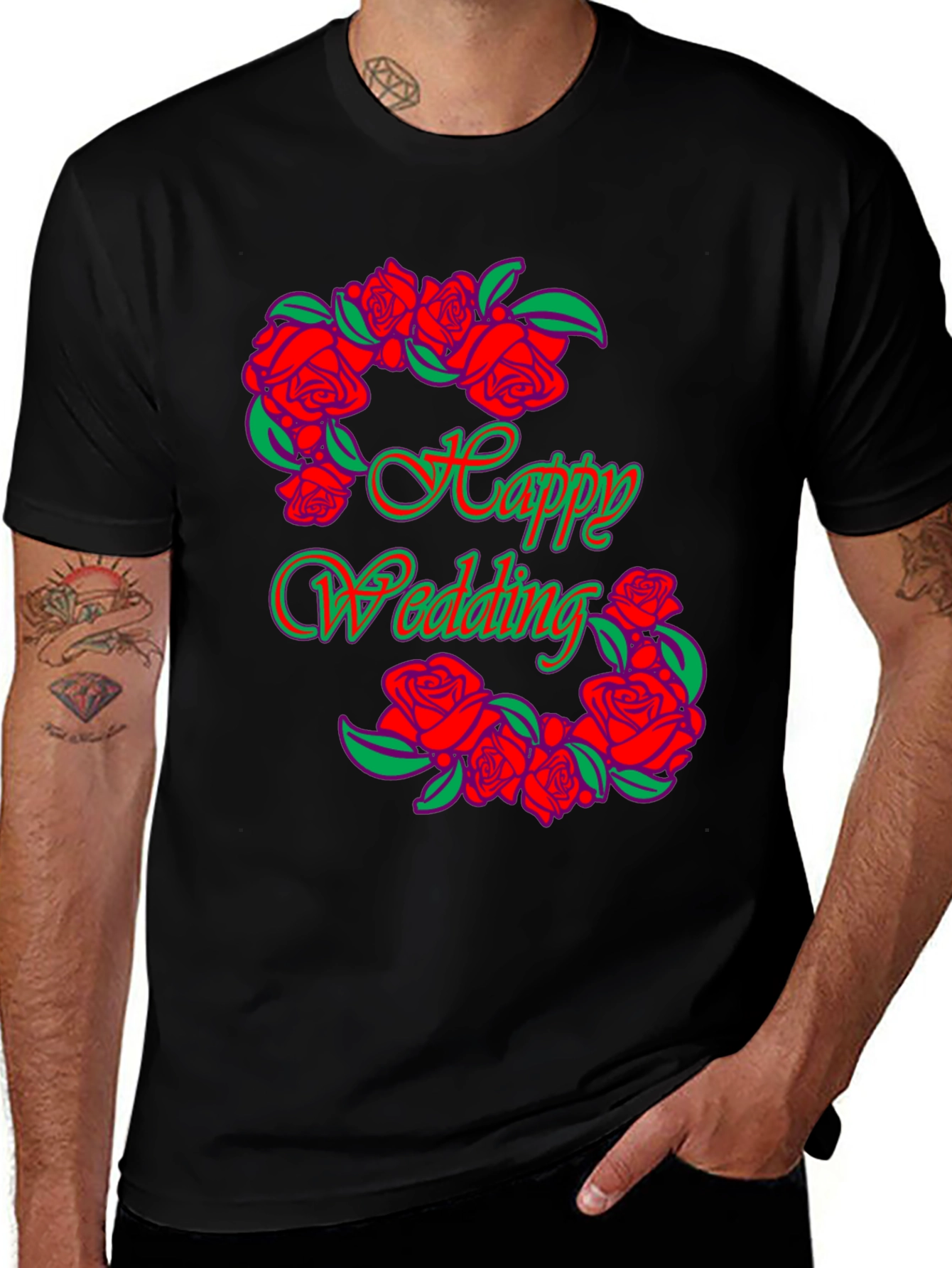 Variant 3 of Happy Wedding Floral Graphic Black T-Shirt