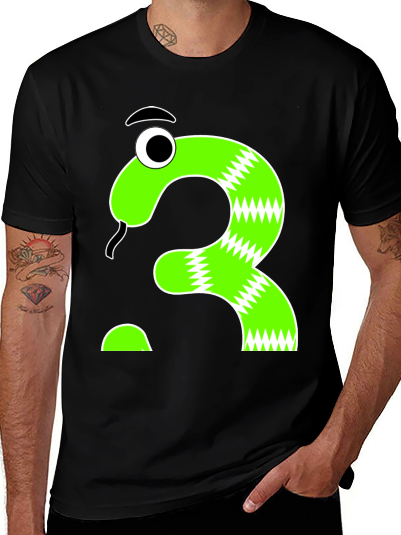 Cartoon Snake Question Mark Graphic Tee - Black Cotton