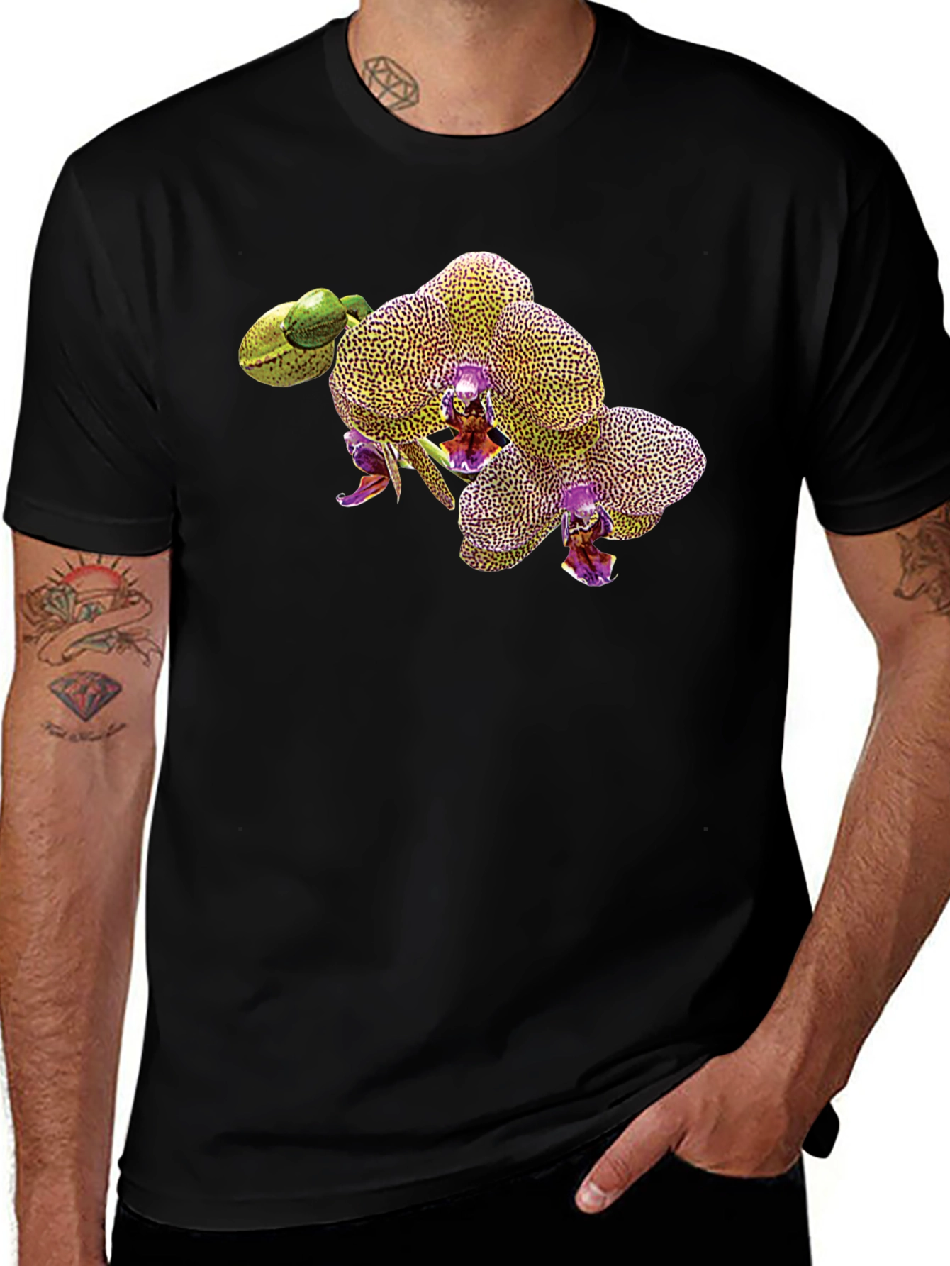 Orchid Print Black T-Shirt