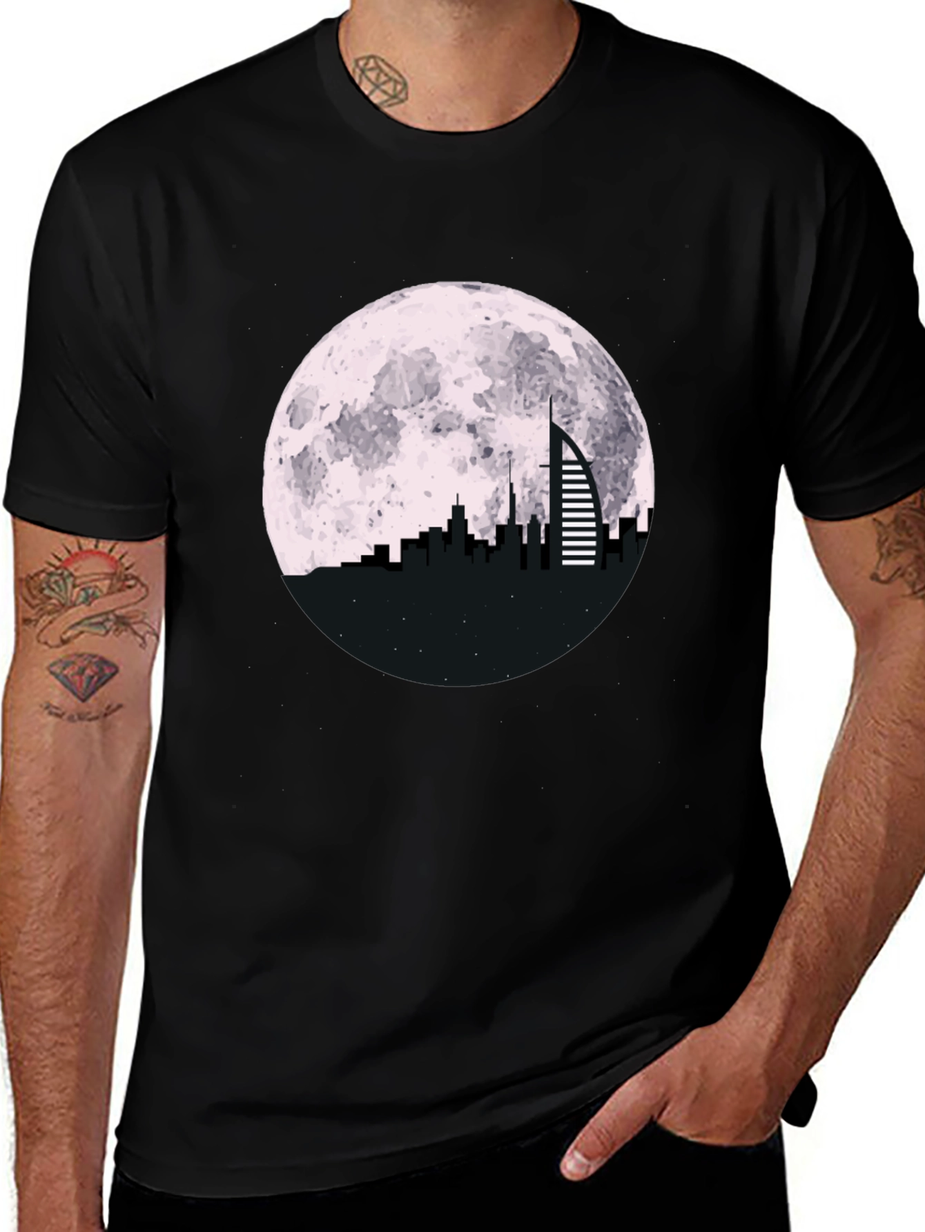 Variant 10 of Cityscape Moon Graphic Tee - Black