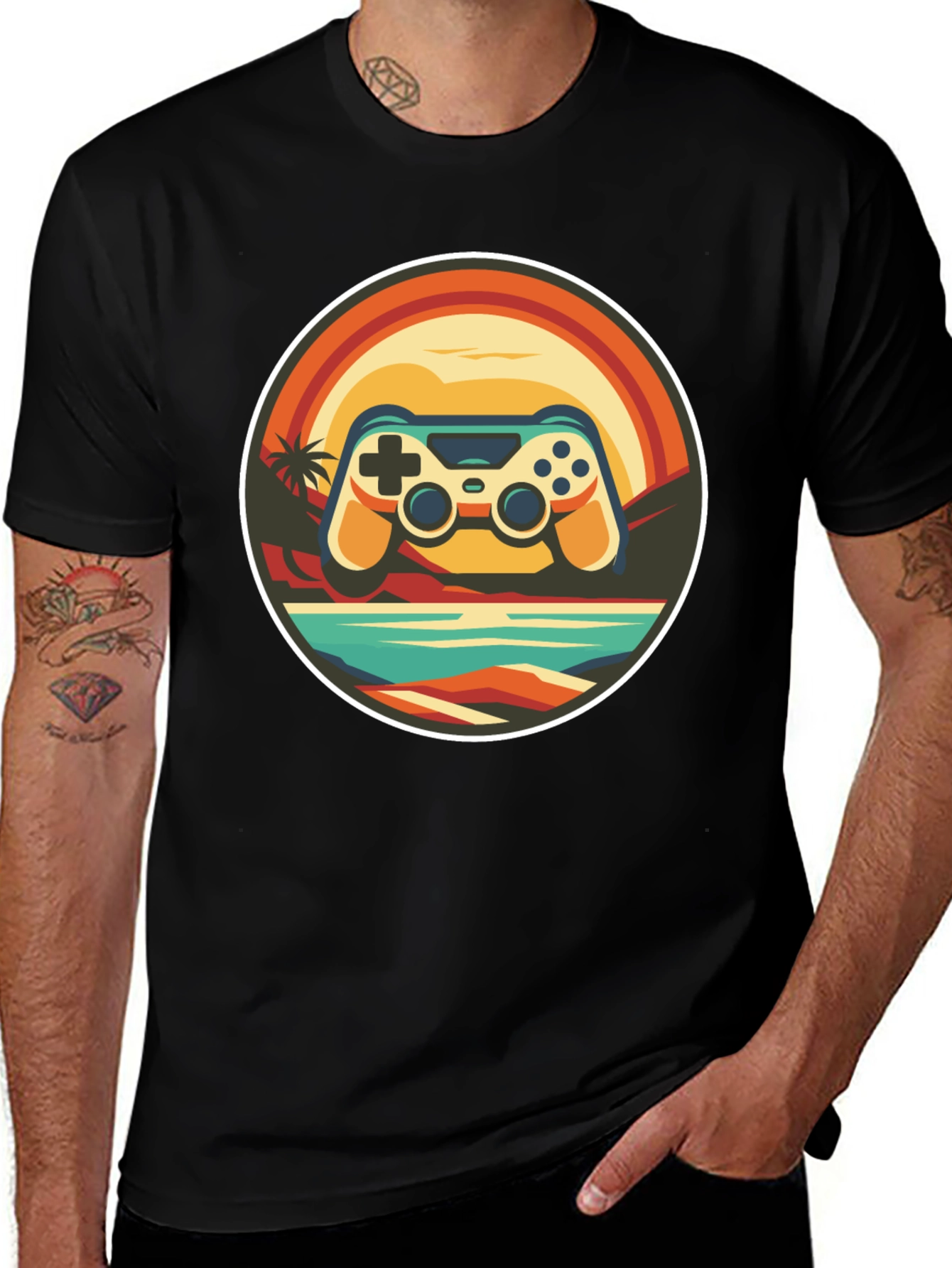 Variant 12 of Retro Gaming T-Shirt - Controller Beach Sunset