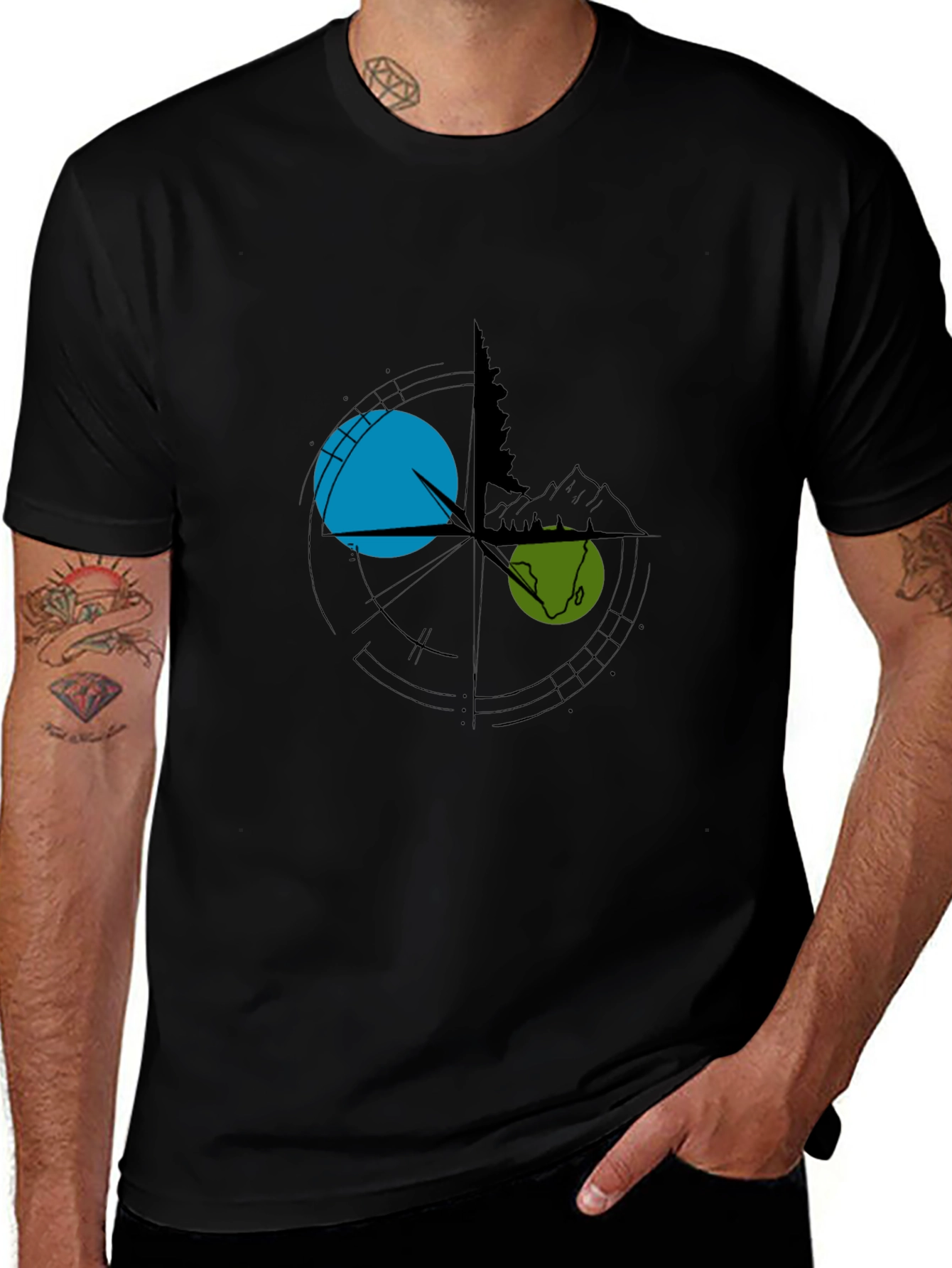 Variant 5 of Men's Black Graphic Tee - Compass & Nature Design