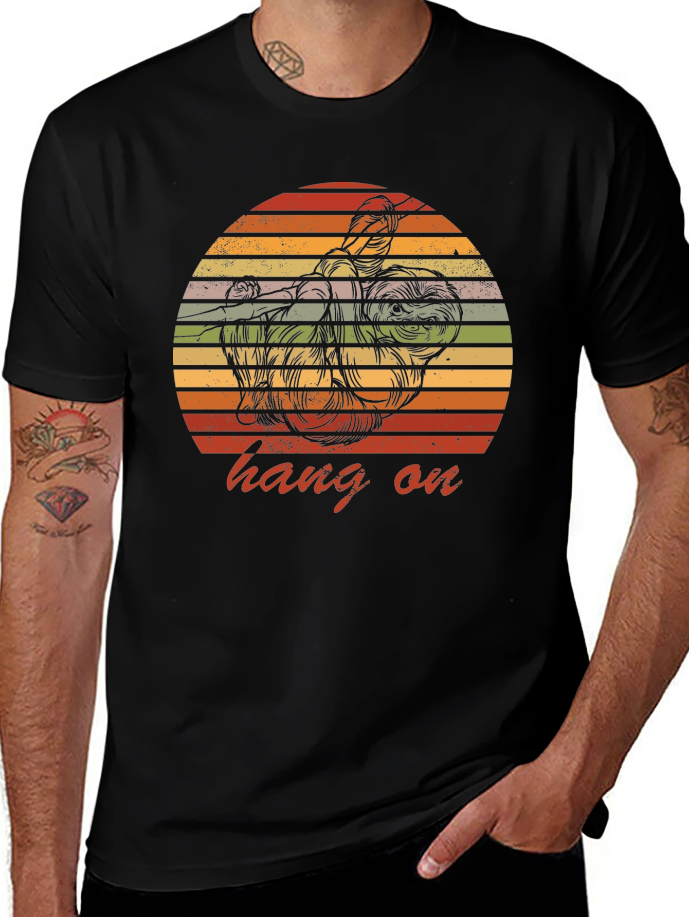 Variant 17 of Hang On Sloth Graphic T-Shirt - Retro Sunset Design