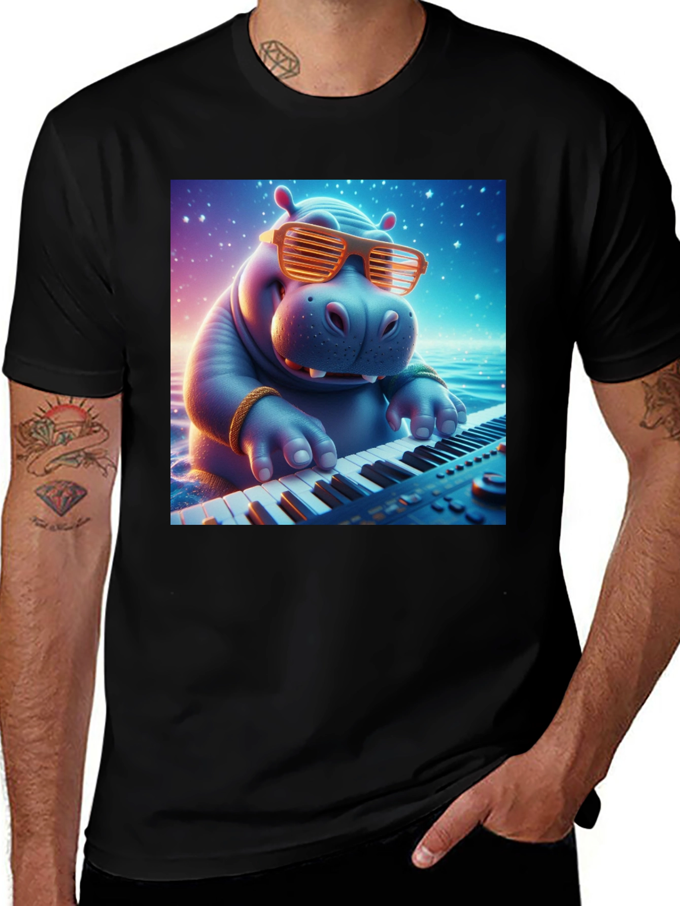 Variant 10 of Hippo Pianist Graphic Tee - Cool Cartoon Animal Shirt