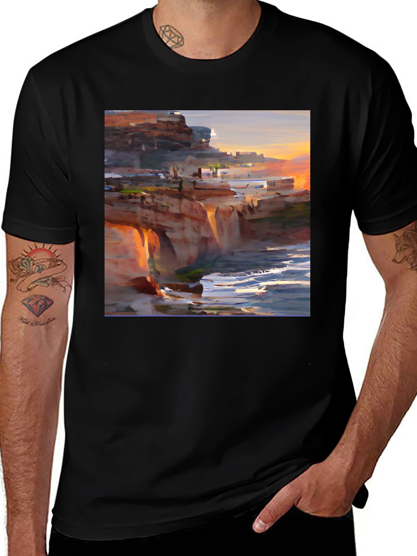Variant 24 of Coastal Cliffside Art T-Shirt - Black Graphic Tee