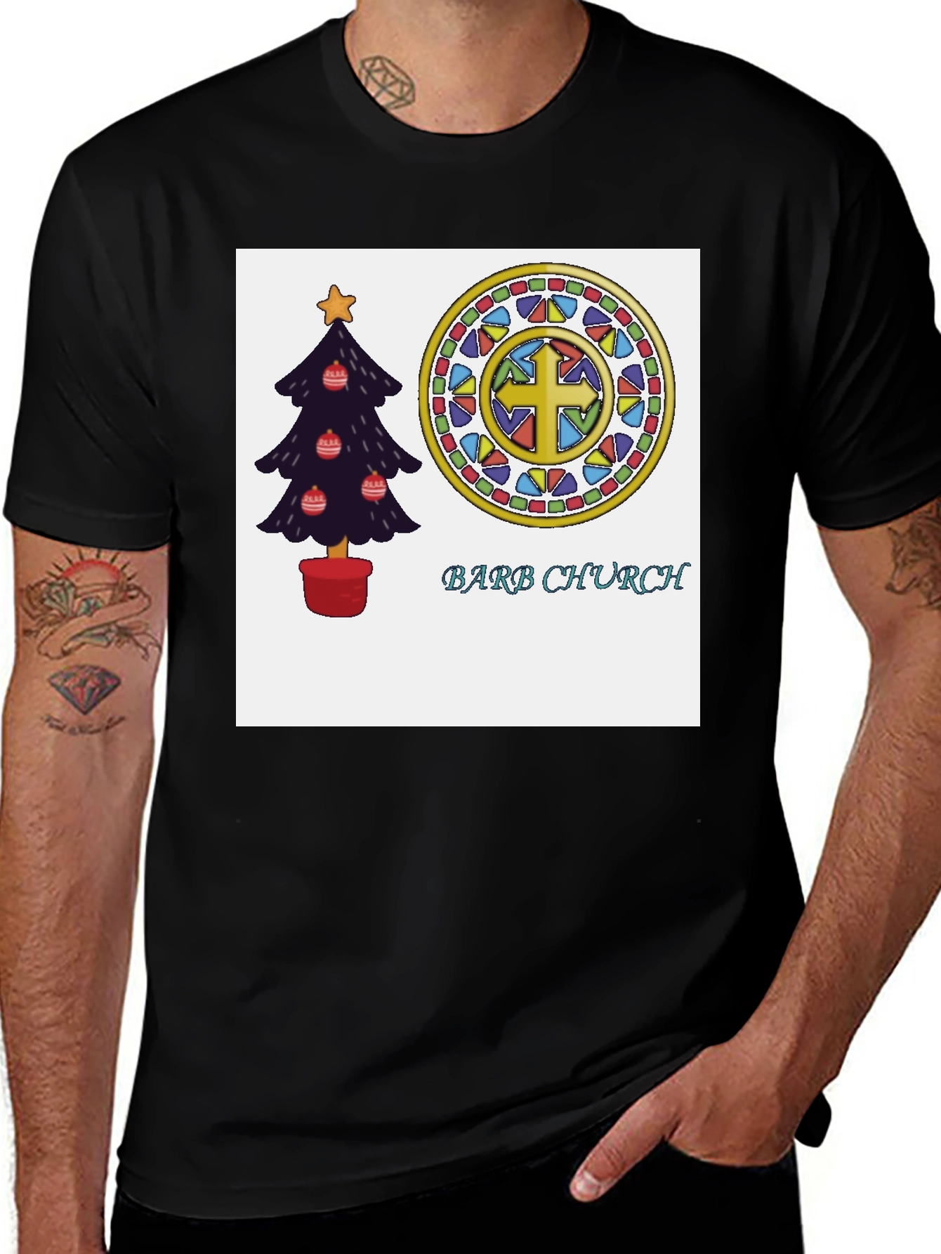 Variant 18 of Festive Church T-Shirt with Christmas Tree and Stained Glass