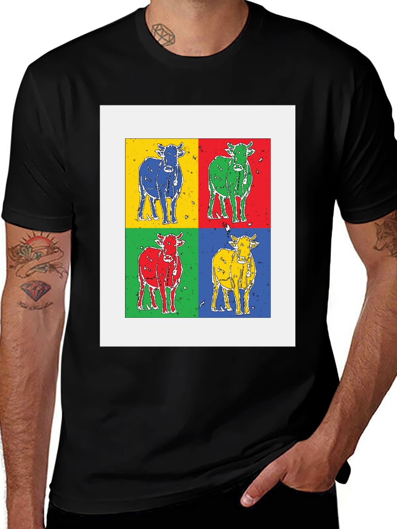 Variant 28 of Pop Art Cow Tee - Black Cotton Graphic T-Shirt