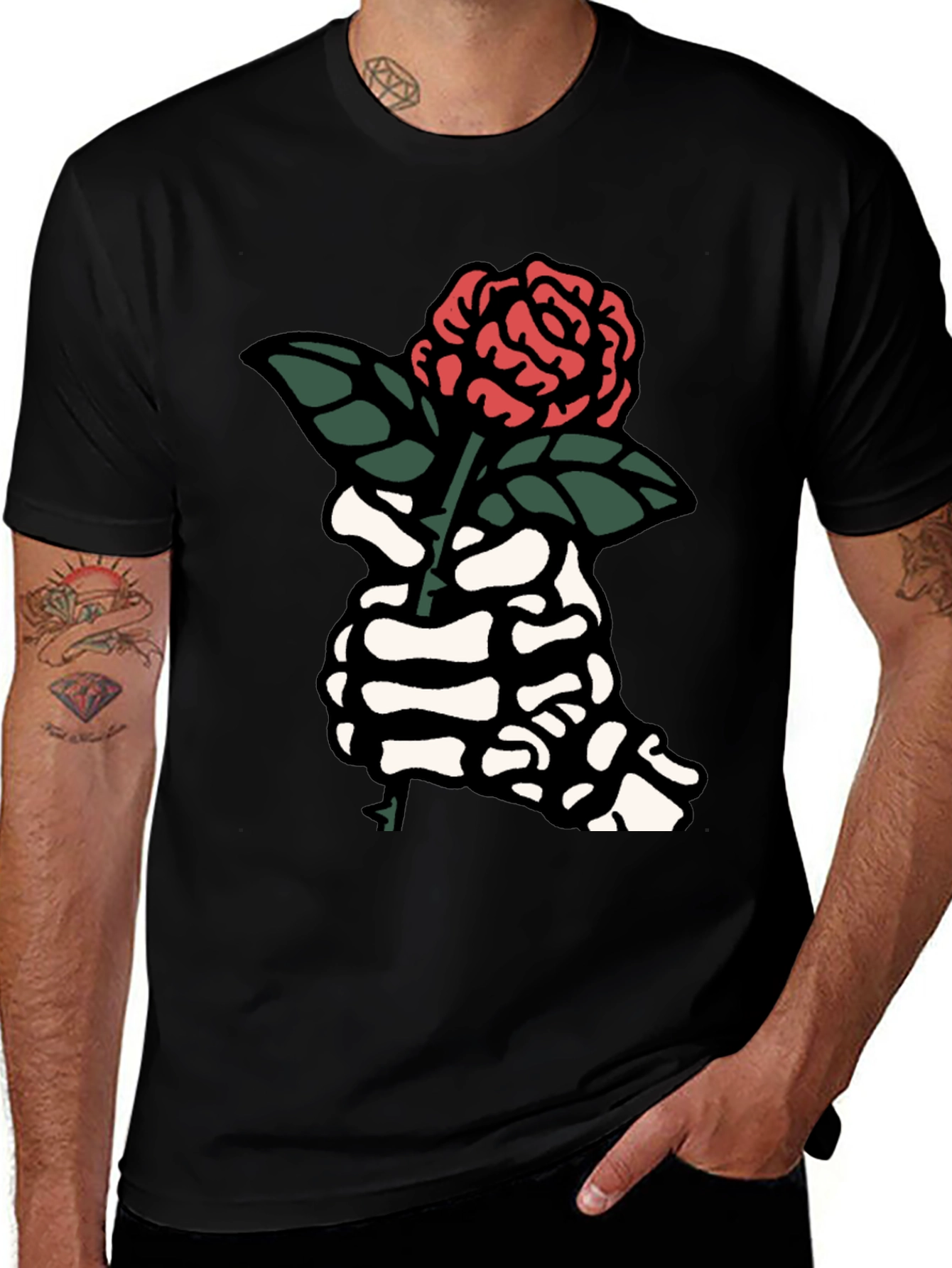 Variant 13 of Skeleton Hand Rose Graphic Tee - Black