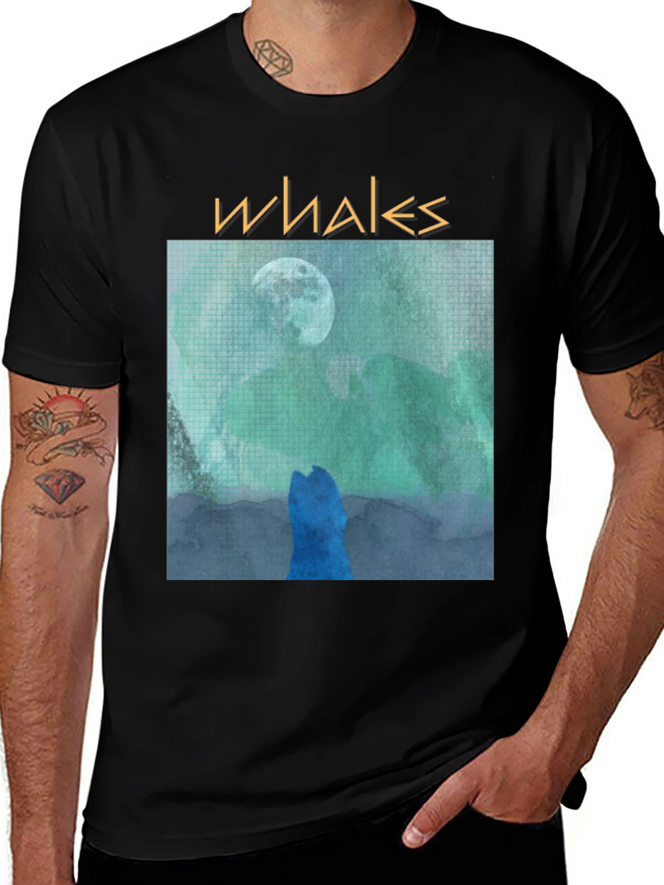 Whales Graphic Tee - Artistic Moonlit Ocean Design