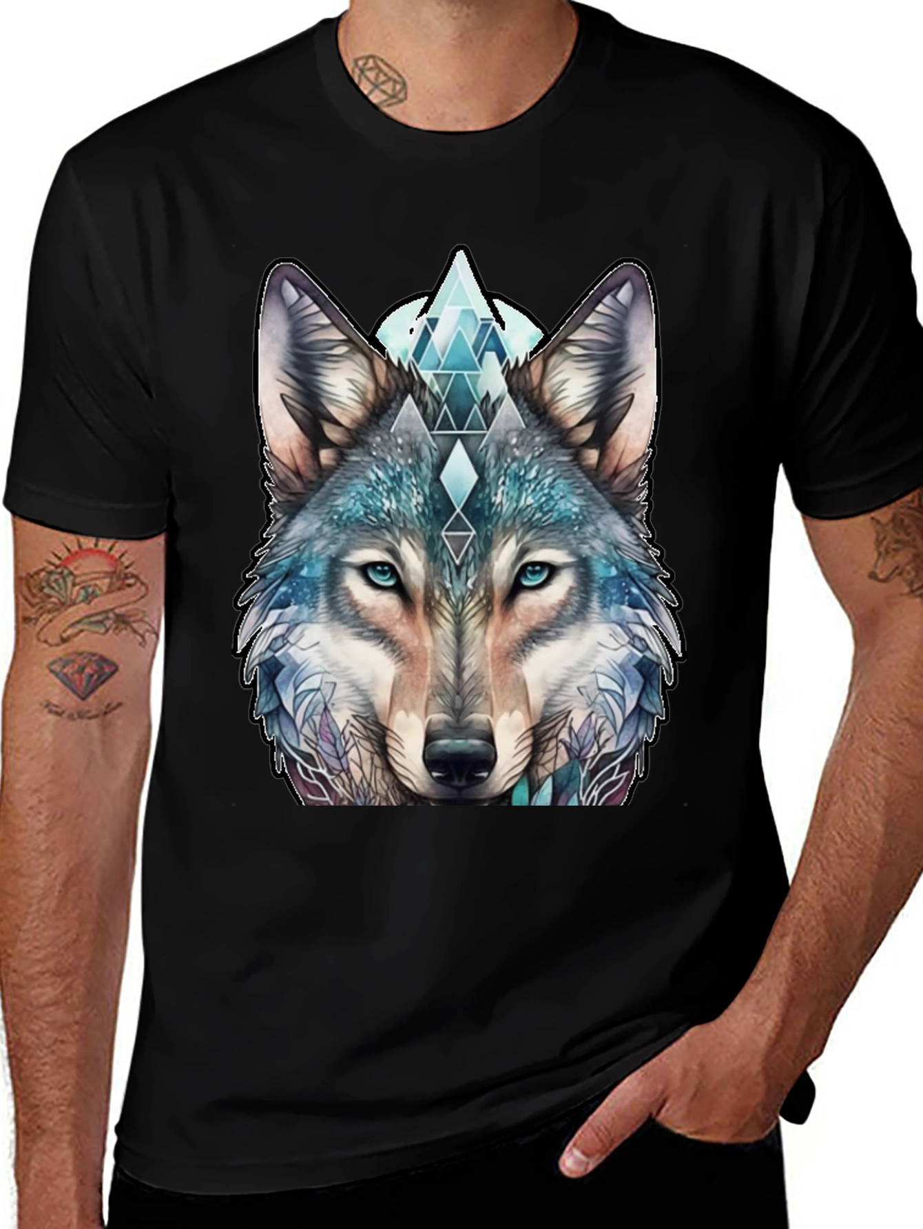 Black Wolf Graphic Tee - Geometric Design, Soft Cotton main image
