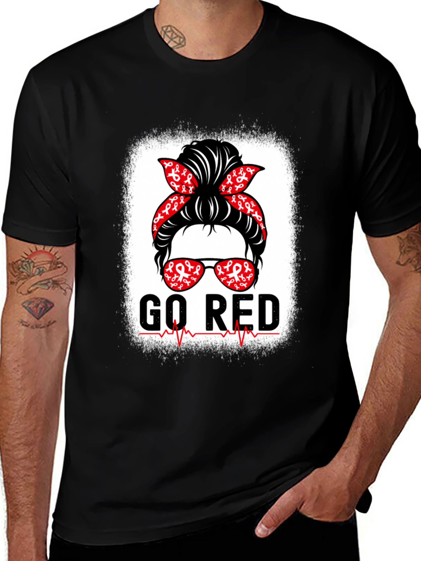 Go Red T-Shirt Heart Disease Awareness Messy Bun