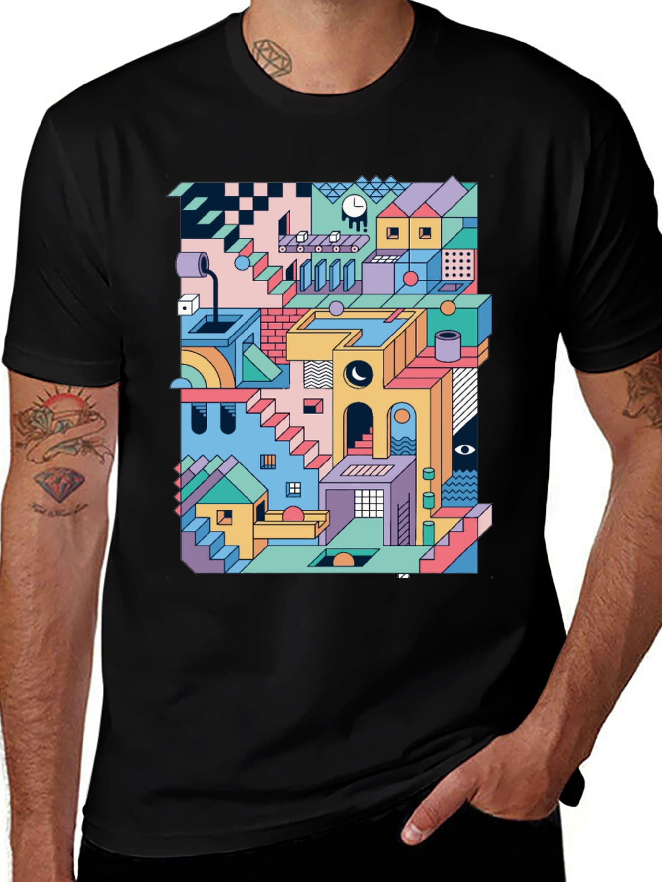 Variant 4 of Geometric Illusion Print Black T-Shirt