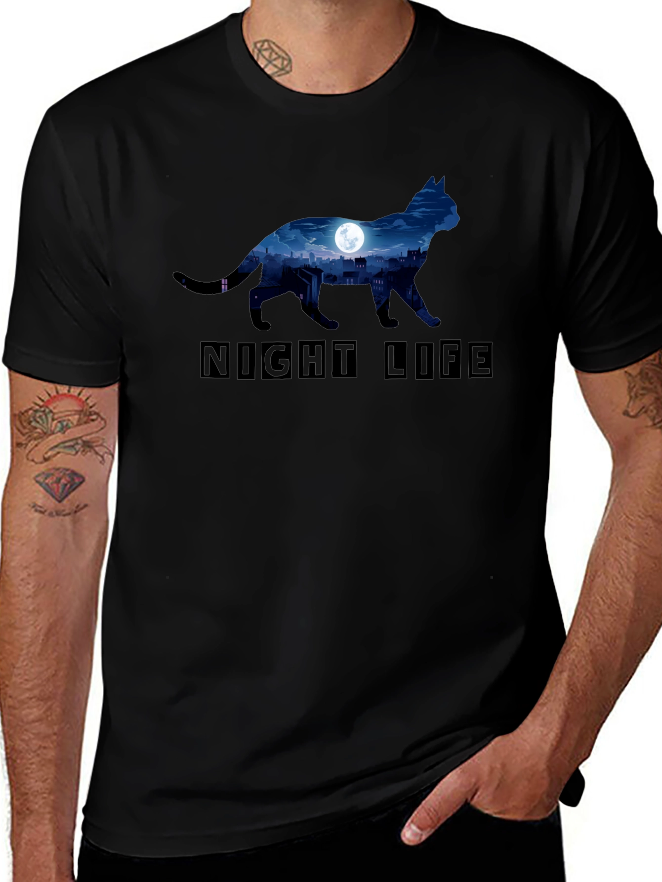 Night Life Cat Graphic T-Shirt