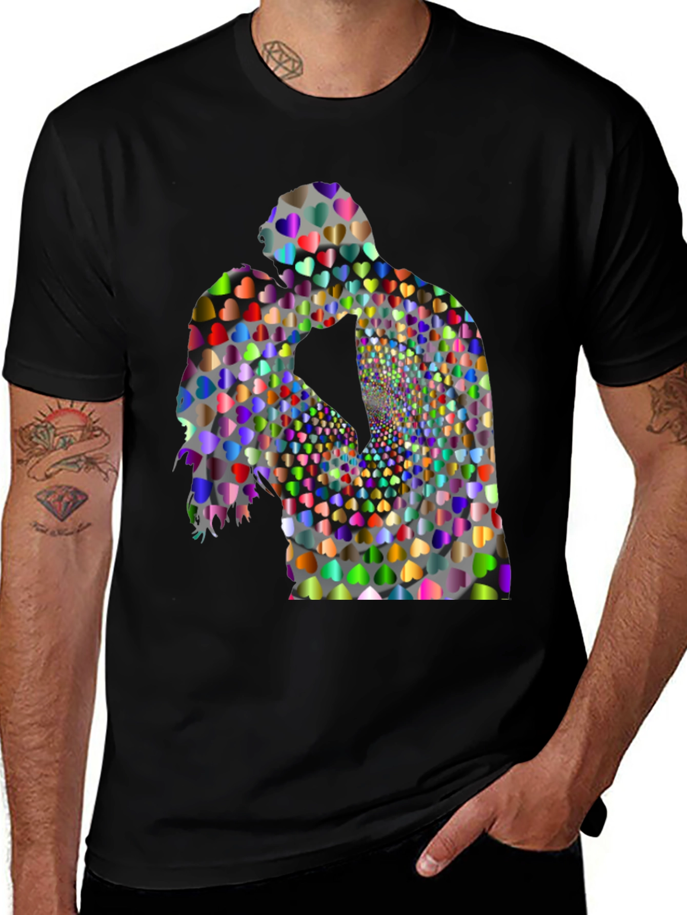 Heart Silhouette Kissing Couple Black T-Shirt